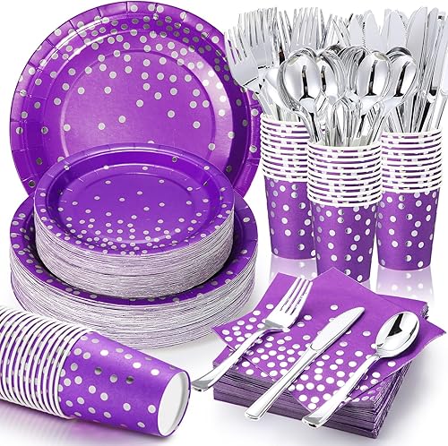 Sieral Juego de 560 platos y servilletas de fiesta morados y plateados para 80 invitados, juego de vajilla desechable, platos de papel, tazas,