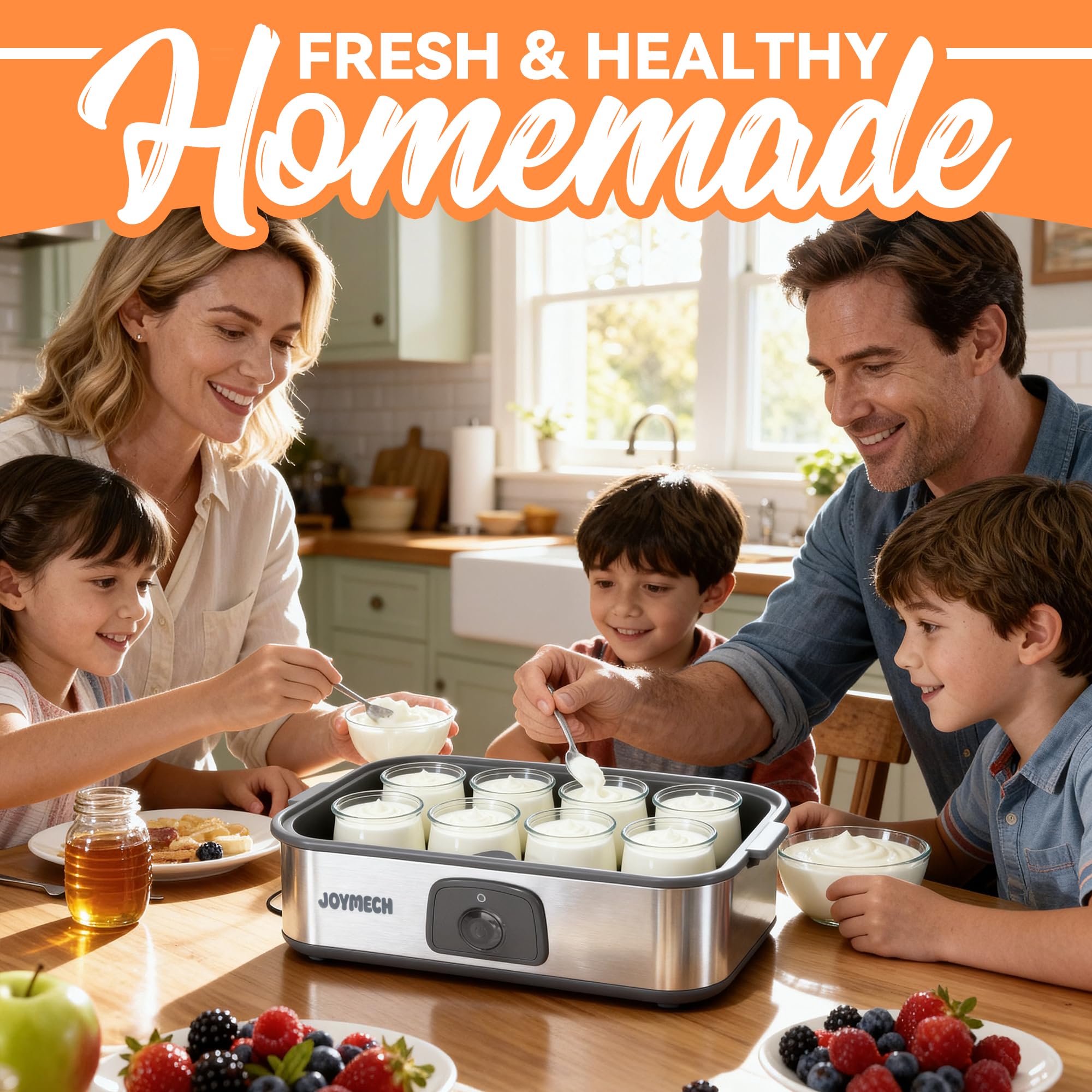 JoyMech Máquina para hacer yogurt, 8 tarros de vidrio con tapas reutilizables para yogur, avena, pudín o gelatina, marcial de grado alimenticio, control de un solo toque, yogur casero
