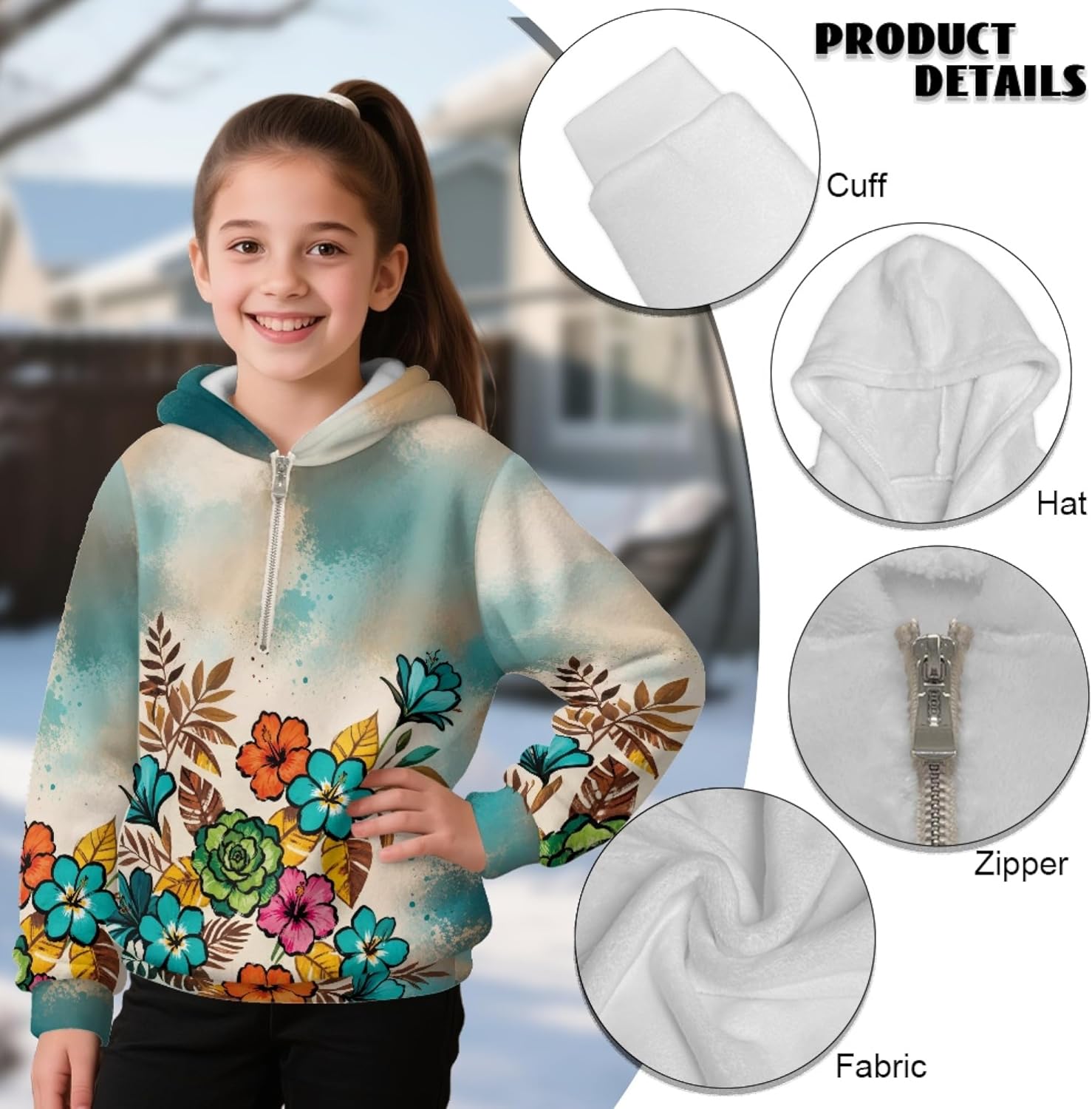 AmzPrint Little Girls Quarter Zip Pullover Fleece Jacket Long Sleeve Winter Birthday Oversized Hoodie For Teen Girls
