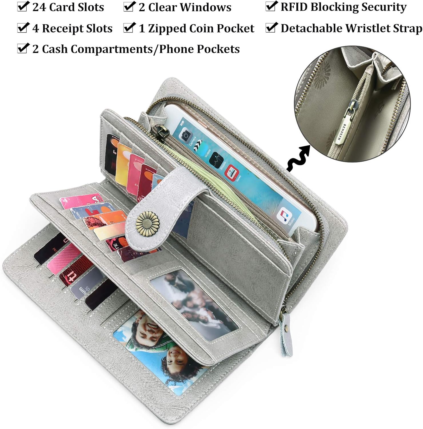 FALAN MULE Women Leather Wallet Large Capacity Bifold RFID Blocking Card Holder with Zipper Coin Pocket - Image 4