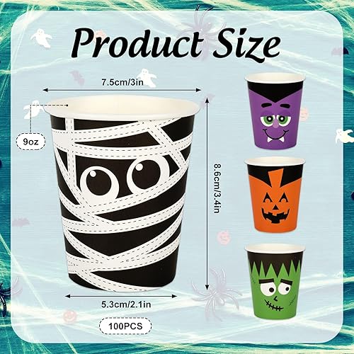 Miniatura 2 de Whaline 100 vasos desechables de Halloween de calabaza, vampiro, momia, monstruo, tazas de papel divertidas de dibujos animados para jugo, café,