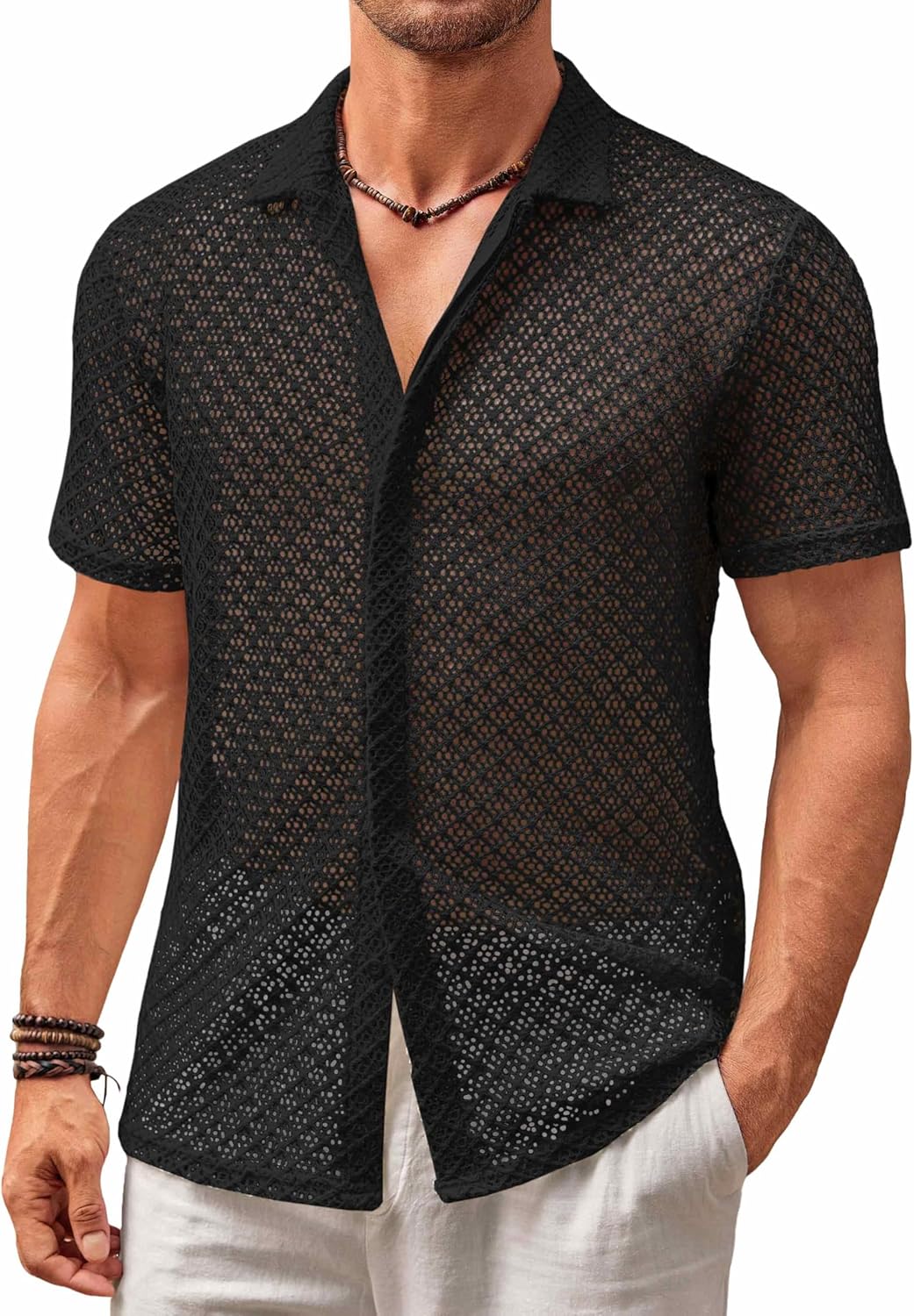 Runcati Mens Button Down Knit Shirt Short Sleeve Crochet Shirts Casual Hollow Out Summer Beach Vacation Tops