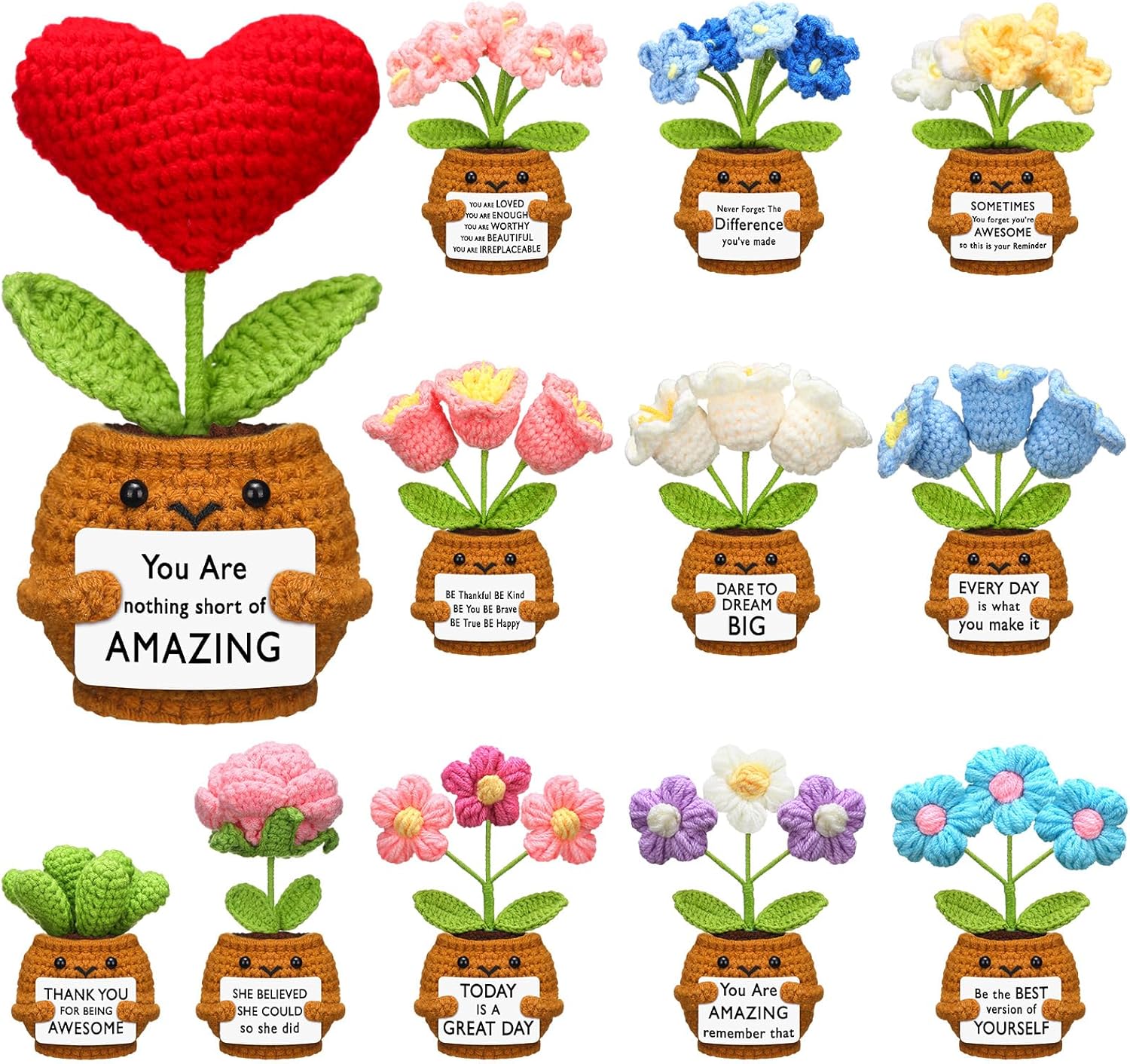 Wavwavw 12 Pcs Mother's Day Bulk Gifts Inspirational Christian Gifts for Women Religious Positive Handmade Crochet Flower for Mom Nurse Church Gift