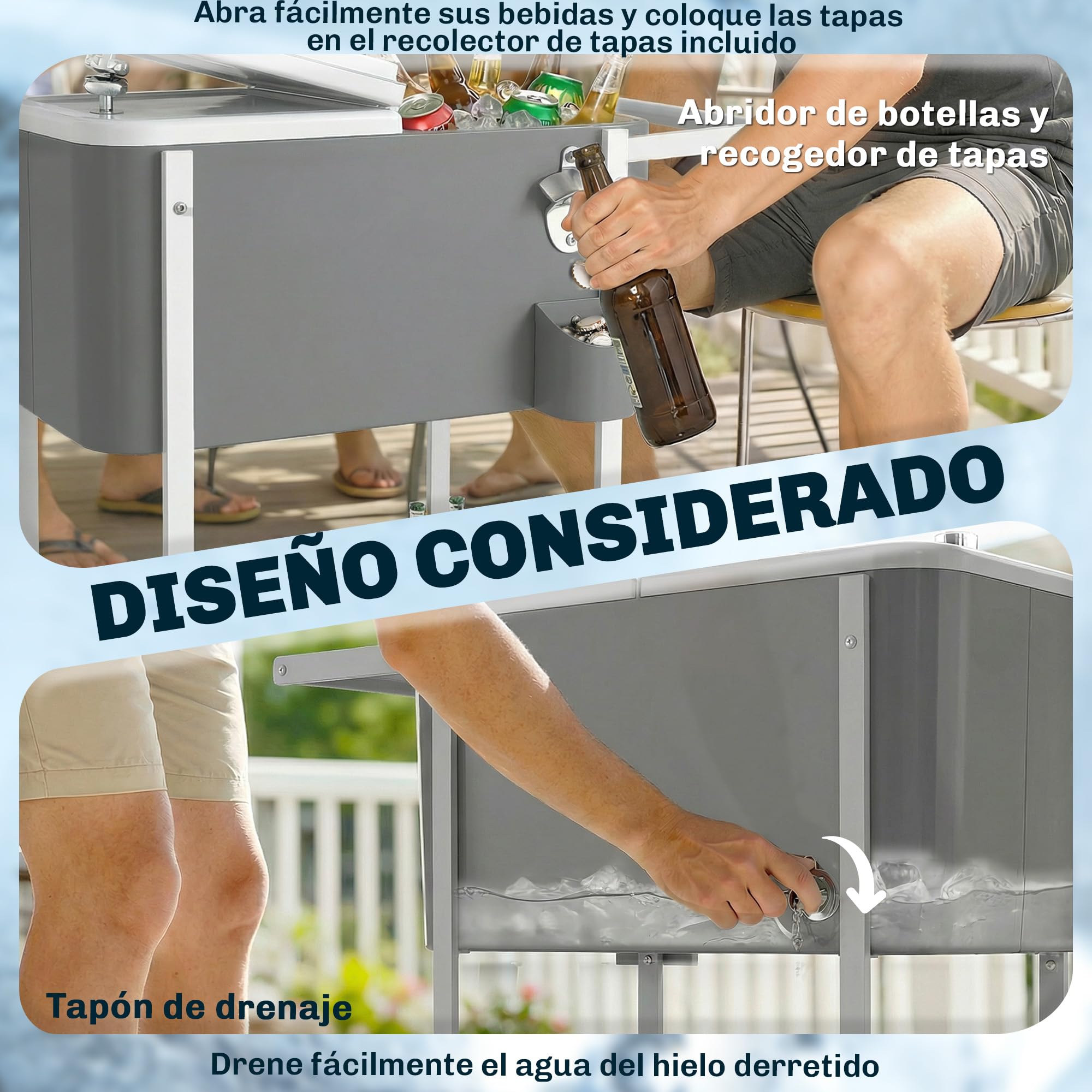 Outsunny Carrito Nevera de 56L con Ruedas, Carro de Bebidas con Estante, Abrebotellas, Recogetapas, Drenaje y Asa, Mesa Nevera Jardín Exterior para Patio, Fiesta, BBQ, 84x38x83 cm, Gris