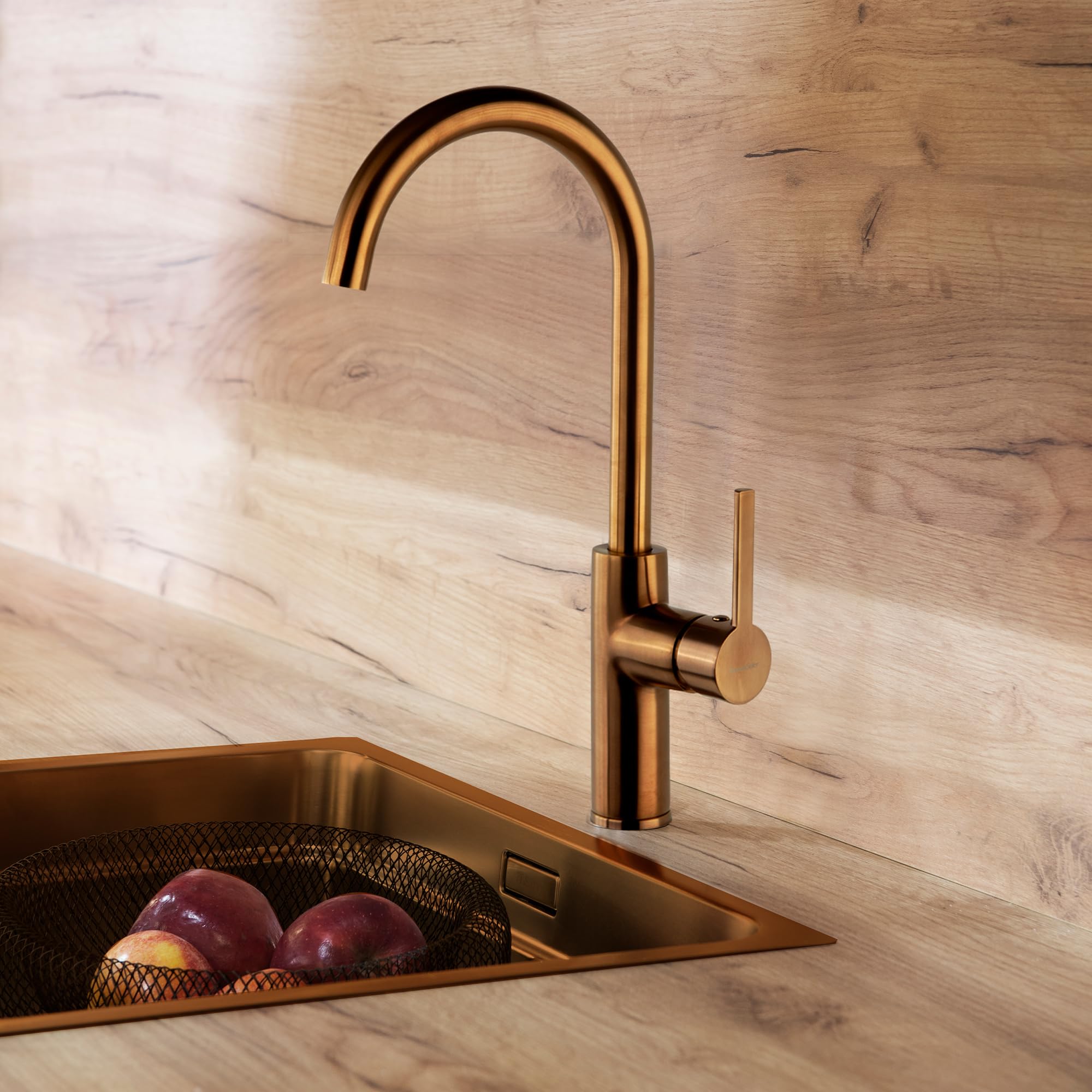 Ramon Soler Grifo de Fregadero de Cocina Monomando Caño Cisne Cobre Cepillado con Sistema S2 de Ahorro de Agua Serie Drako