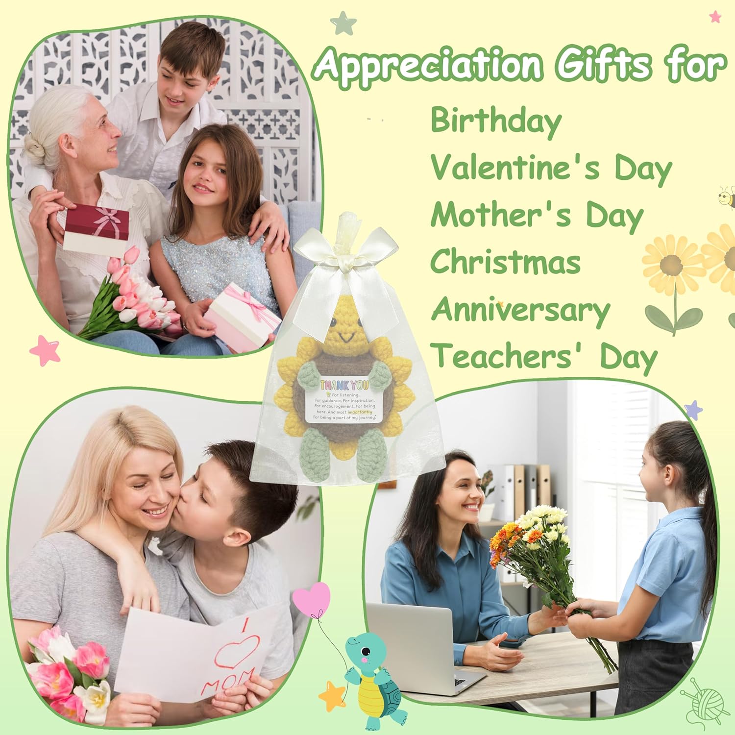 Thank You Appreciation Gifts for Women Men - Valentines Day Birthday Gifts for Mom Grandma Wife, Cheer Up Gift Inspirational Gift for Coworker Friend Teacher, Emotional Positive Support Crochet Turtle - Image 5