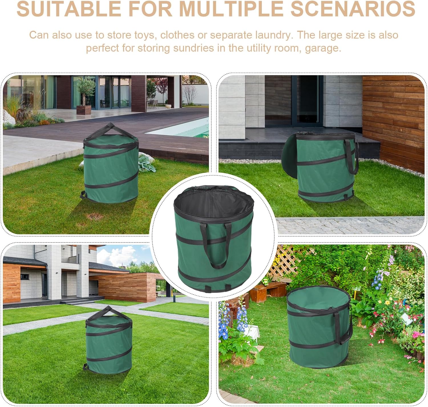 DOITOOL Folding Oxford Fabric Nut and Leaf Collection Bag with Lid, 47x50cm Portable Garden Waste Storage Holder with Green and Black Handles for Yard Cleanup