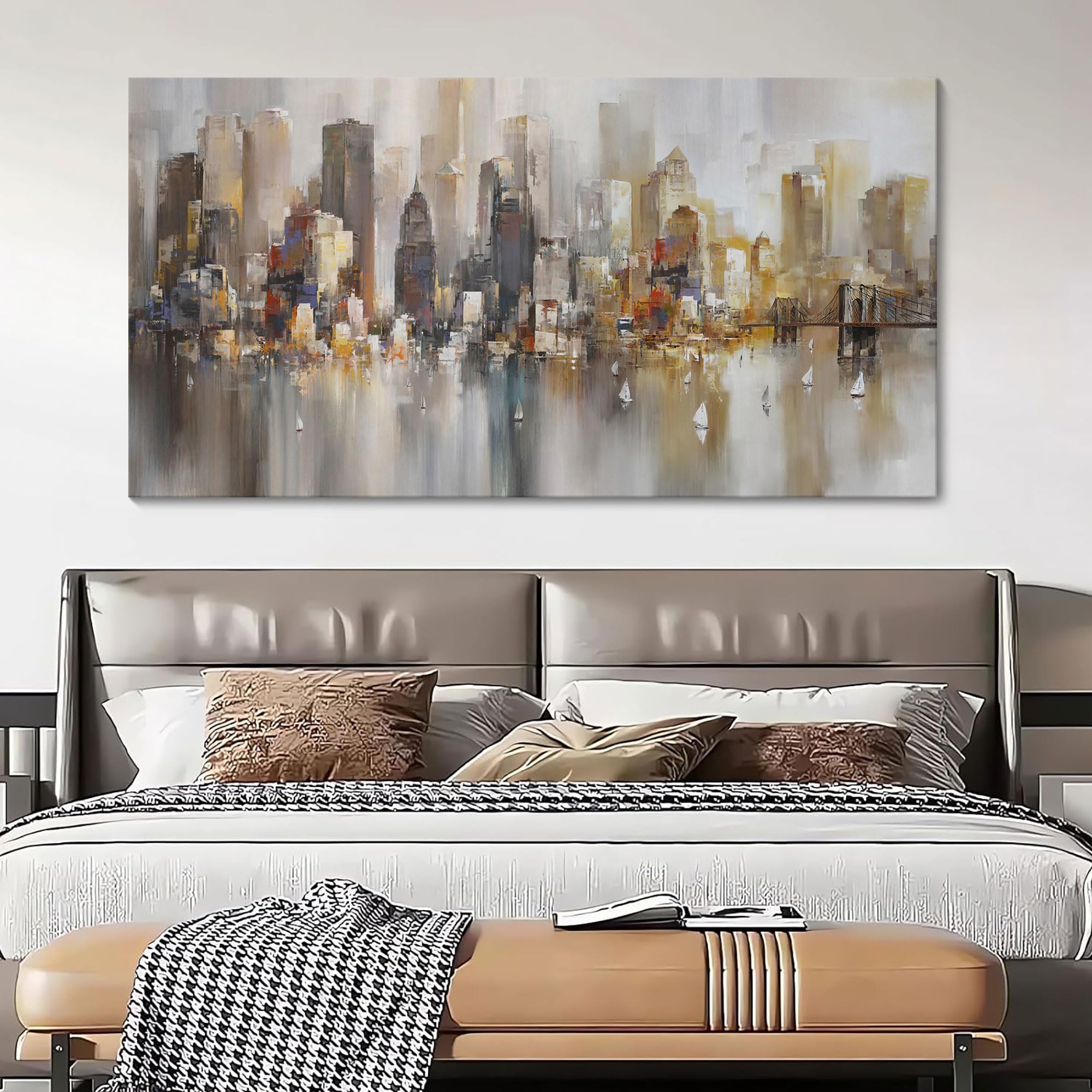 New York City Wall Art - Modern Abstract Wall Art for Living Room, Office &amp; Bedroom Cityscape &amp; Paintings for Bedroom brooklyn bridge Wall Art Pictures Wall Decor Chicago Artwork for Walls 29×58IN