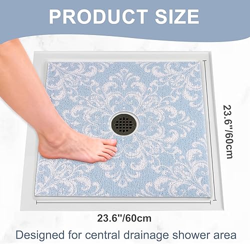 Miniatura 2 de Tapete de ducha cuadrado antideslizante 24 x 24 pulgadas, extra grande, con orificio de drenaje en el medio, tapetes de ducha antideslizantes para