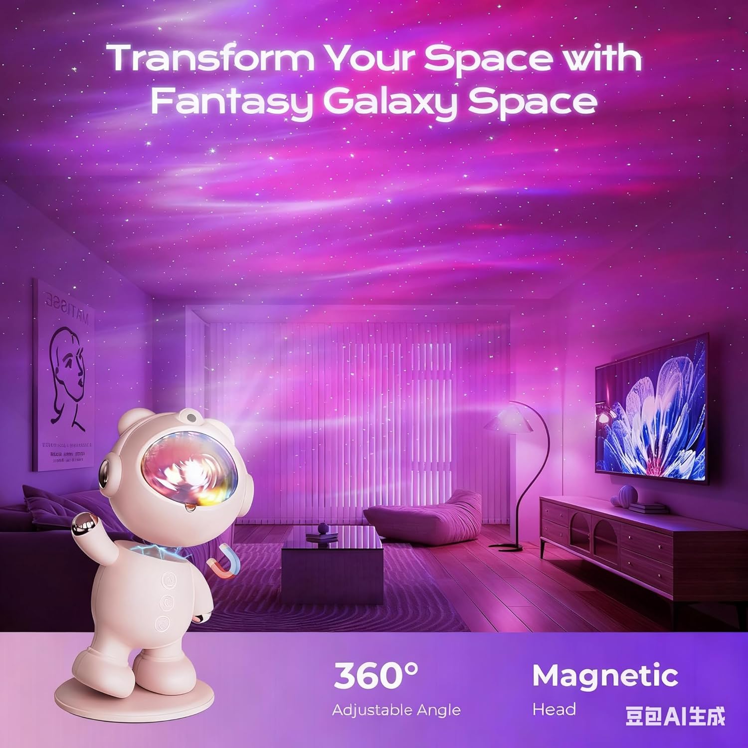 FULEN SP01 Galaxy Projector in a living room setting, highlighting 360 degree adjustable angle