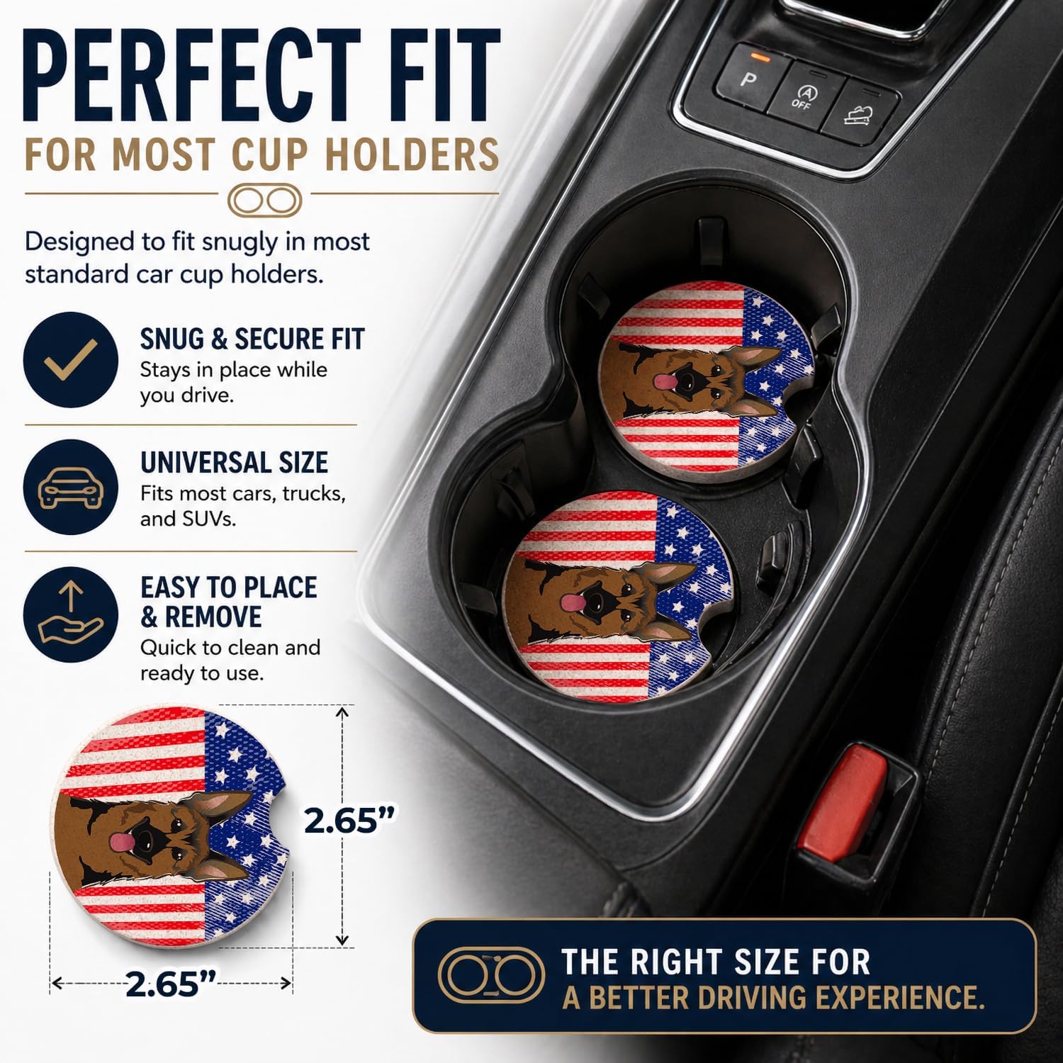 Caroline's Treasures BB2141CARC American Flag and German Shepherd Set of 2 Cup Holder Car Coasters Absorbent Sandstone Coasters for Car Cup Holders Gifts for Men or Women, Large, Multicolor image 2