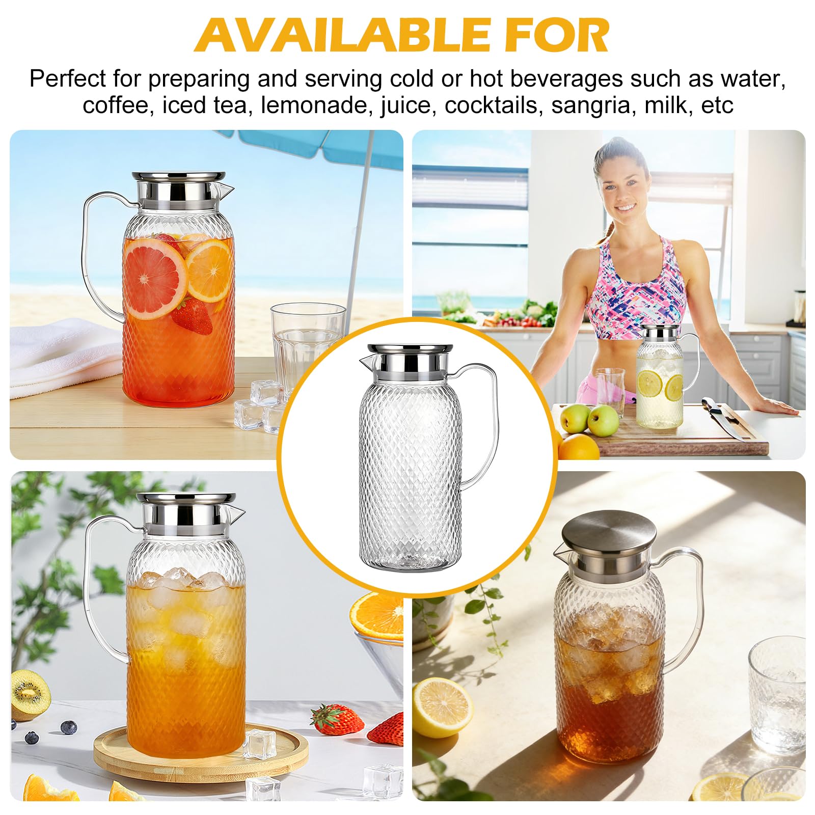 2 caraffa per acqua con coperchio, 1,8 l, con coperchio in PC, caraffa da 2 litri, resistente al calore e infrangibile, per acqua, succo e tè
