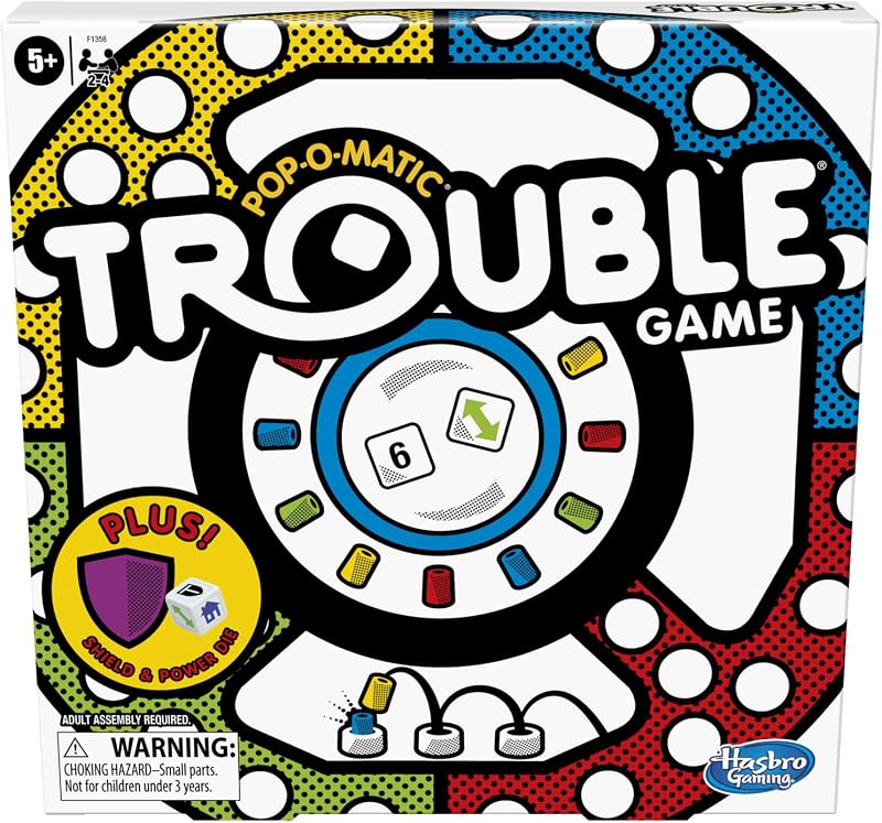 Juego de mesa Trouble, incluye Bonus Power Die and Shield, Juego Familiar para 2-4 Jugadores, A partir de 5 años (Exclusivo de Amazon)