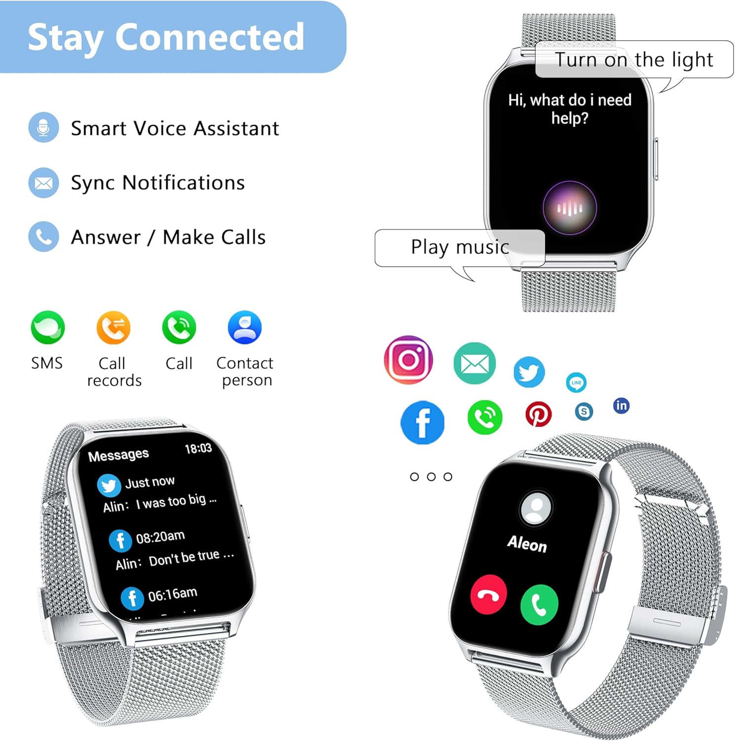 Image showing the Narcid Smart Watch displaying call and message notifications, alongside icons for smart voice assistant and sync notifications.