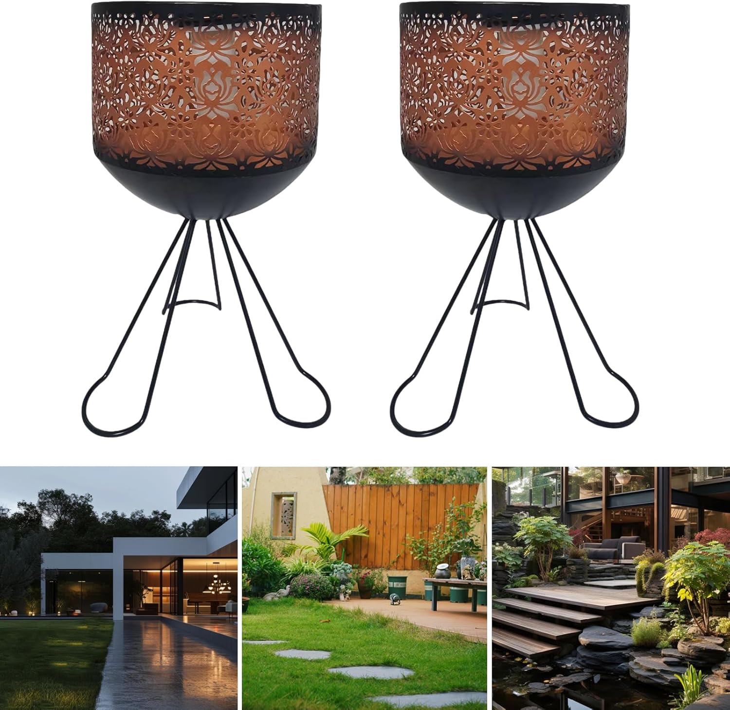 Solar Fire Pit Lantern, Candle Flickering Flame Lights Outdooor Waterproof Garden Torch Lights with Solar Powered LED Flickering Tabletop Lamp Decor for Table Patio Pathway Yard Landscape Decoration