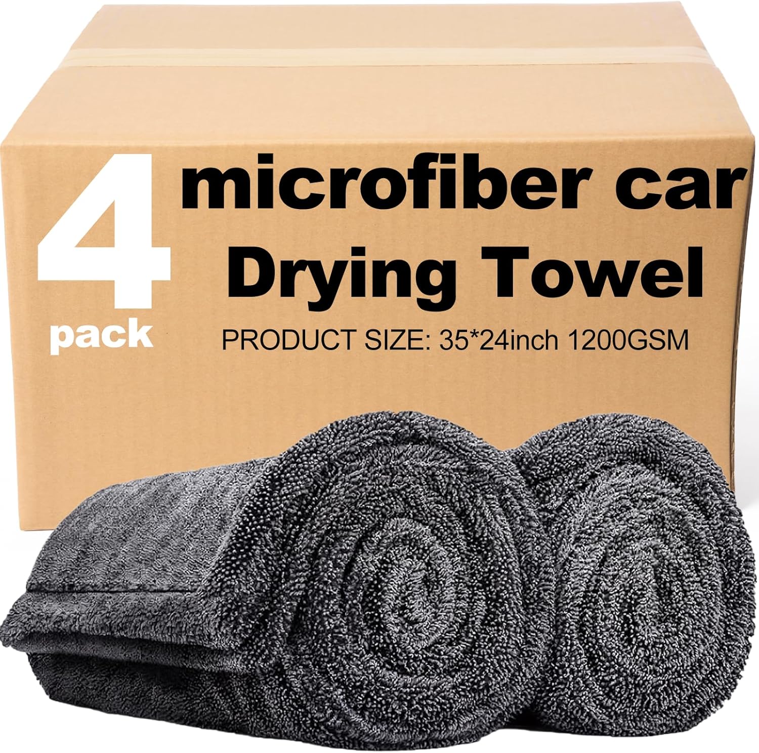 4 Pack 35 x 24 Inch Car Drying Towels 1200 GSM Microfiber Towel for Cars, Absorbent Detailing Cloth for SUV, Rv, Truck and Window, Grey