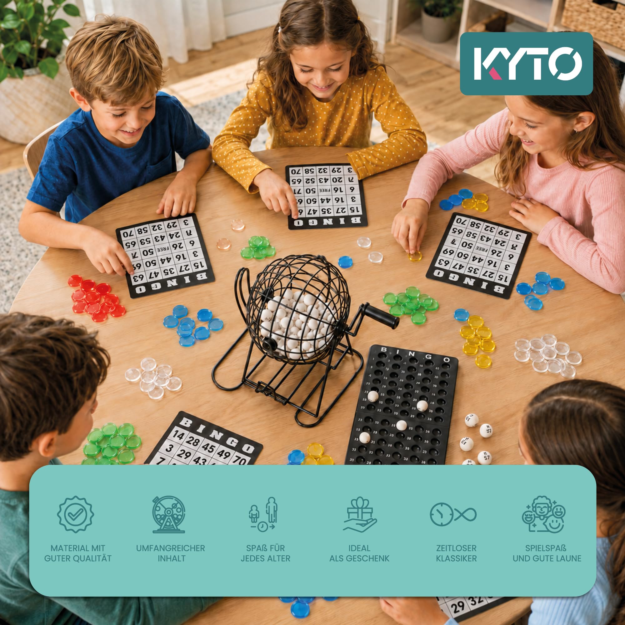 Kyto Bingo Spiel Metalltrommel 18 Bingotickets 75 Bingo Kugeln 150 Chips Spielbrett schwarz Erwachsene Kinder Basic (2026)