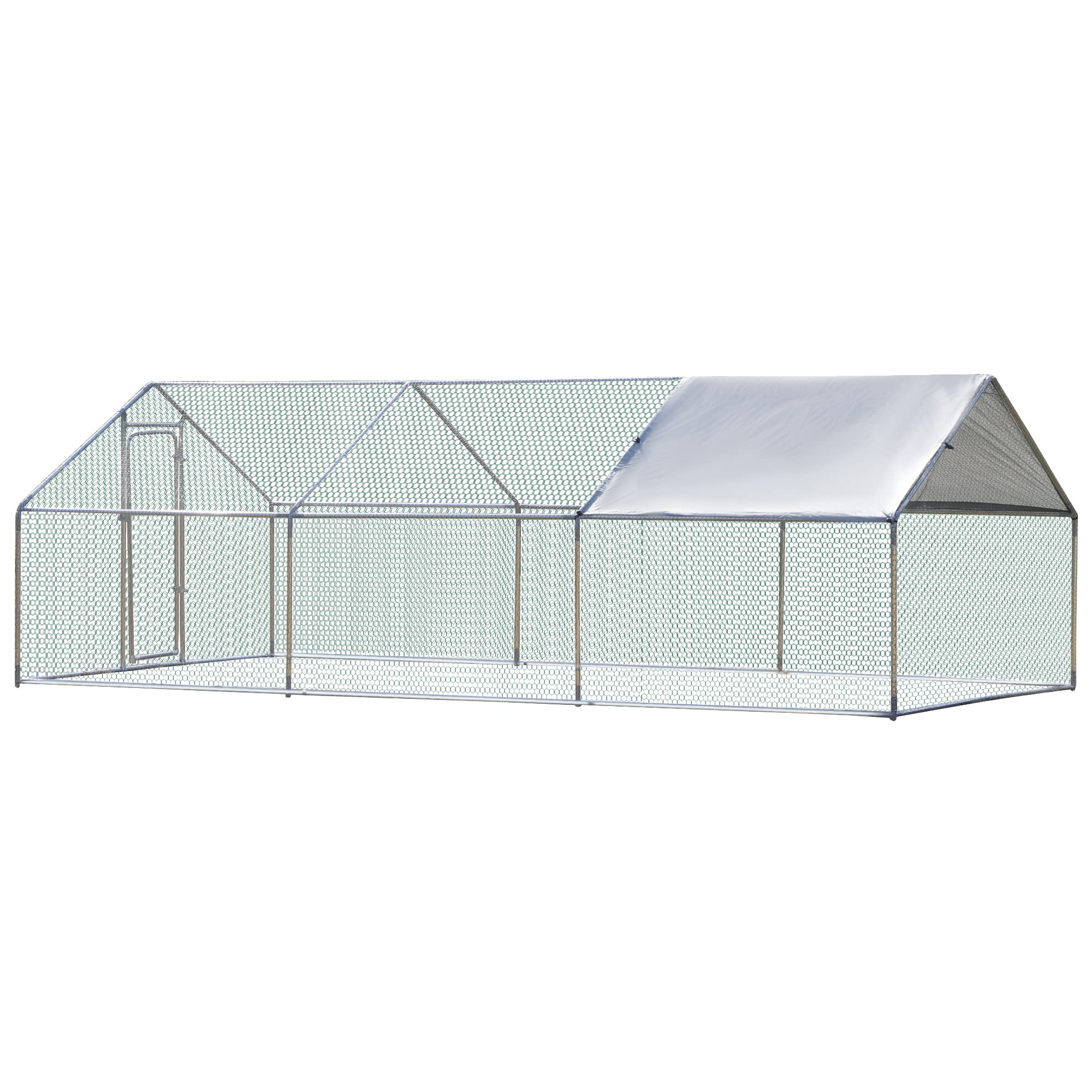 PawHut Galvanized Large Metal Chicken Coop Cage 3 Rooms Walkin