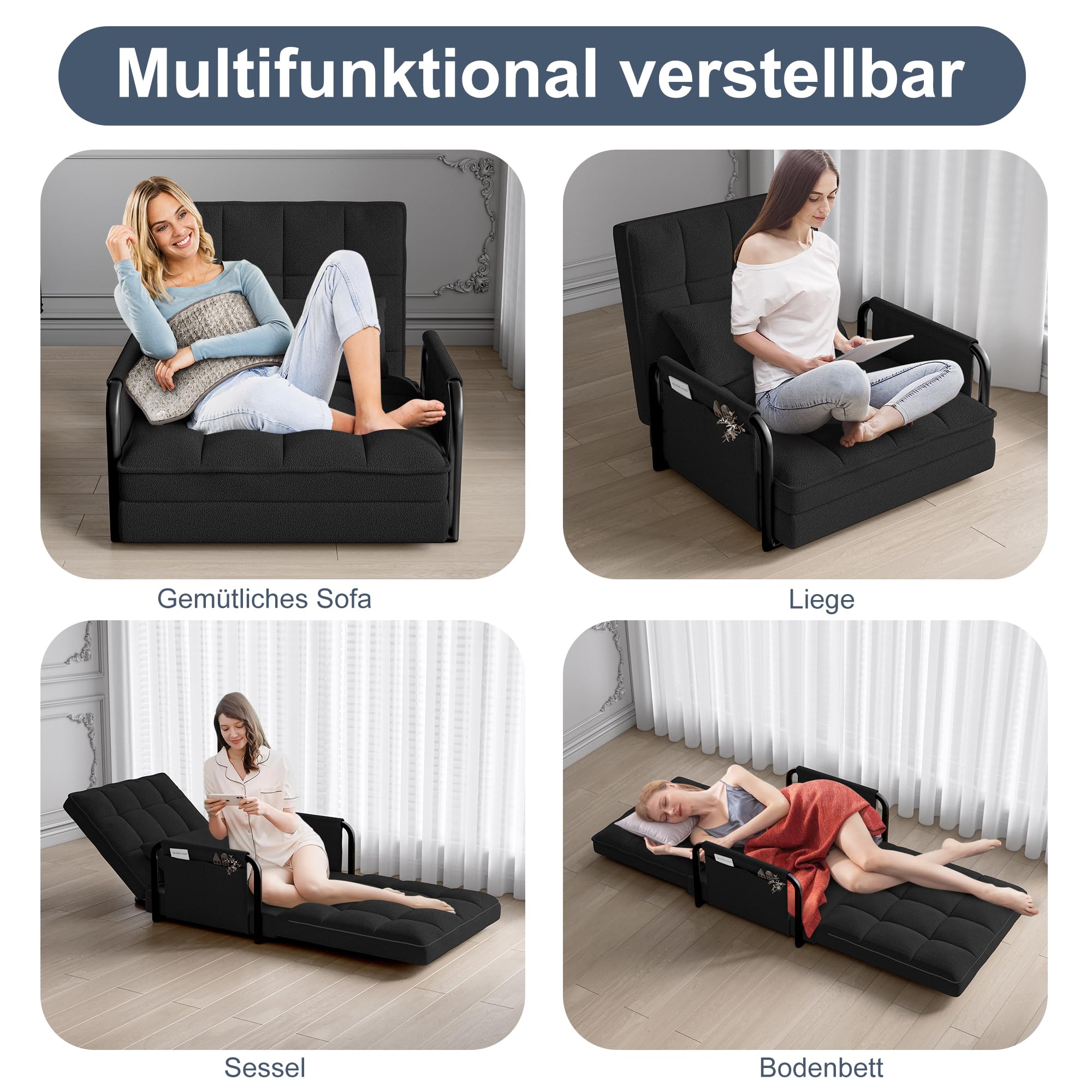 Składana sofa do spania 2 w 1, fotel do spania z poduszką i kieszenią boczną, regulowany fotel składany z funkcją łóżka (czarna tkanina jagnięca, 82 cm x 73 cm/180 cm x 55 cm/15 cm)