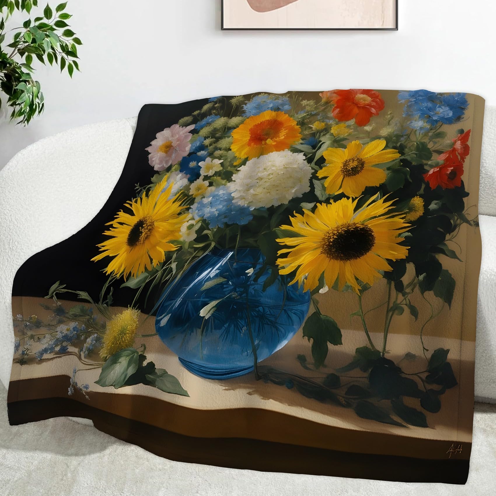Ypthriline Oil Painting Bouquet Blanket, Oil Painting Style Microfiber Flannel Throw Blanket, Comfortable Soft Fluffy and Warm, Blankets for Beds, Sofas and Recliners, 230×270 CM