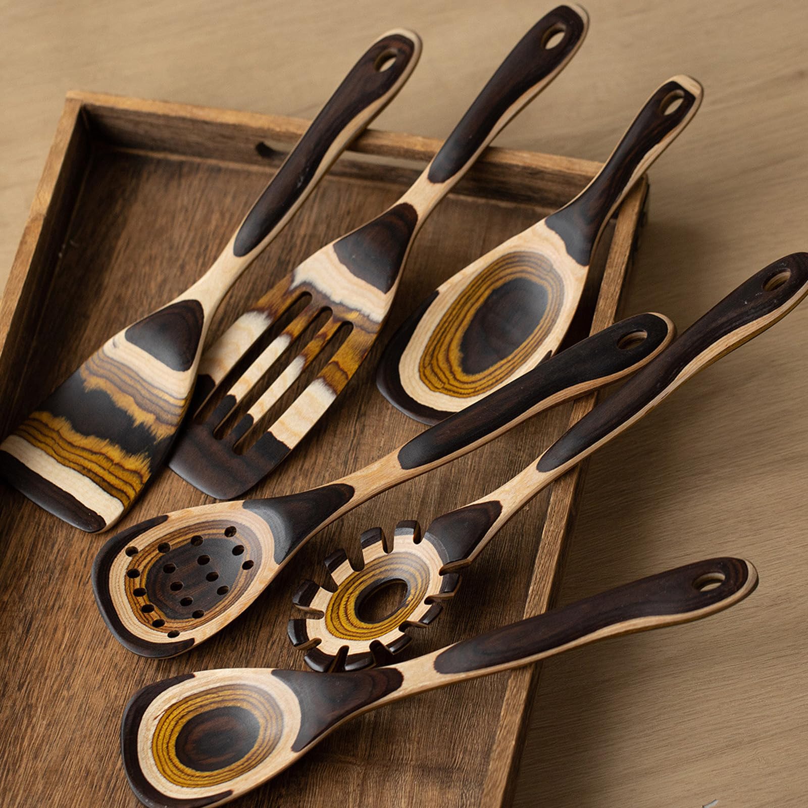 PANGBOER Colección de herramientas de cocina de madera con diseño de color degradado, mango largo, cuchara ranurada, espátula para pastas y cocinas domésticas, utensilios de servir de madera