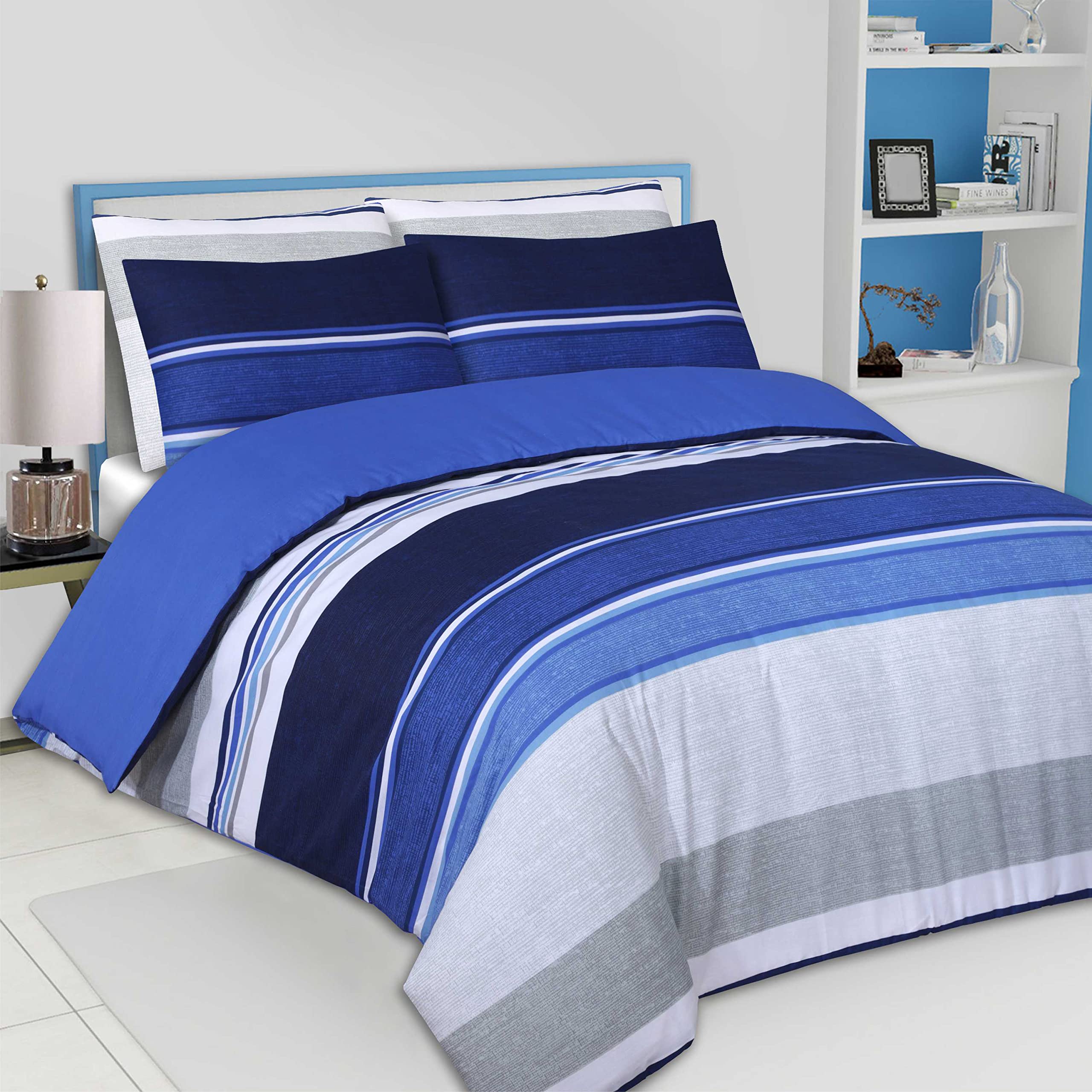 Charlotte Andersen Blue Stripe Double Duvet Cover, Reversible Easy Care Poly Cotton Bedding With Pillow Cases ( Double)