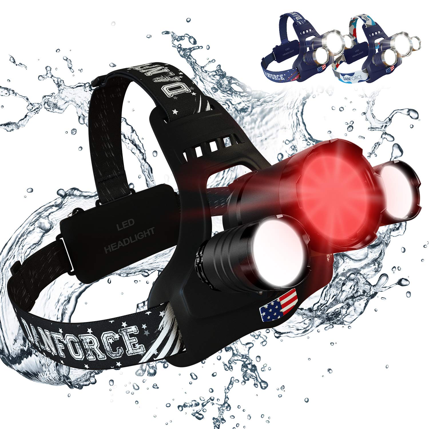 DanForce Headlamp, LED Headlamp Rechargeable 2019 Version, CREE 1080 Lumens Brightest Zoomable Head lamp Flashlight. Headlight USB Rechargeable, IPX45 HeadLamps. Best for Camping, Outdoors, Adults.