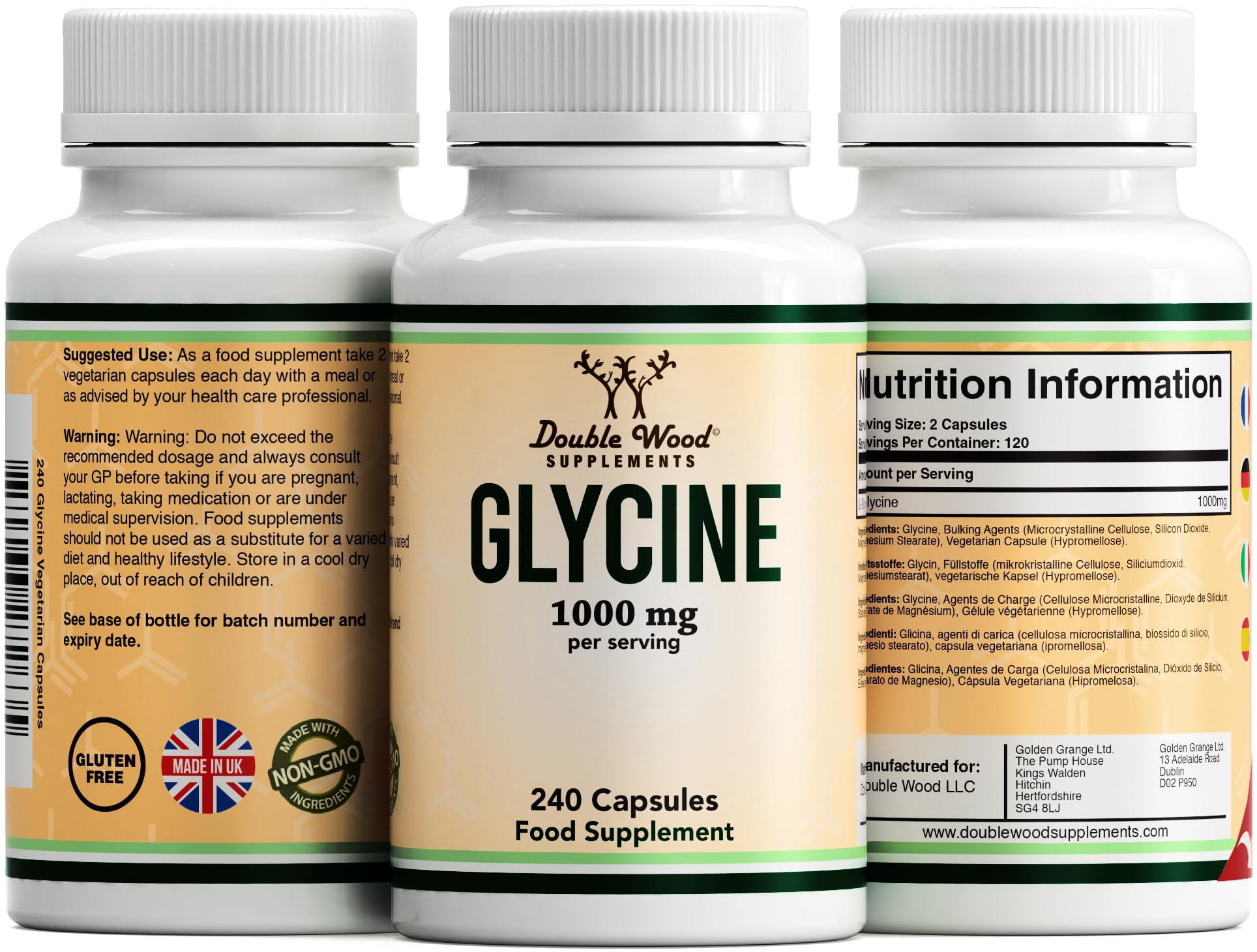 DW Glycin Nahrungsergänzungsmittel | hochdosierte Glycin Kapseln – 1000mg L-Glycin pro Portion | Aminosäure Glycine | Gentechnik- und Glutenfrei | Hergestellt in Großbritannien (240 Capsules)