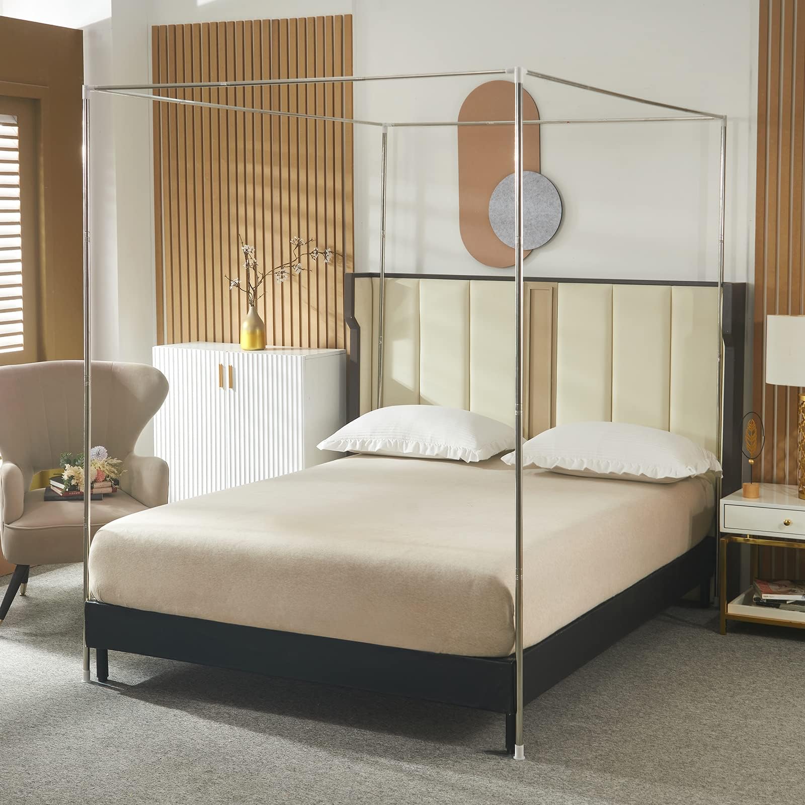 Beyeutao Double Size Canopy Bed Frame Stainless Steels Bed Canopy Frame W135 x L200 x H200 cm 4 Poster Mosquito Frame Mosquito Net Pole for Play Tent Stand Outdoor or Indoor