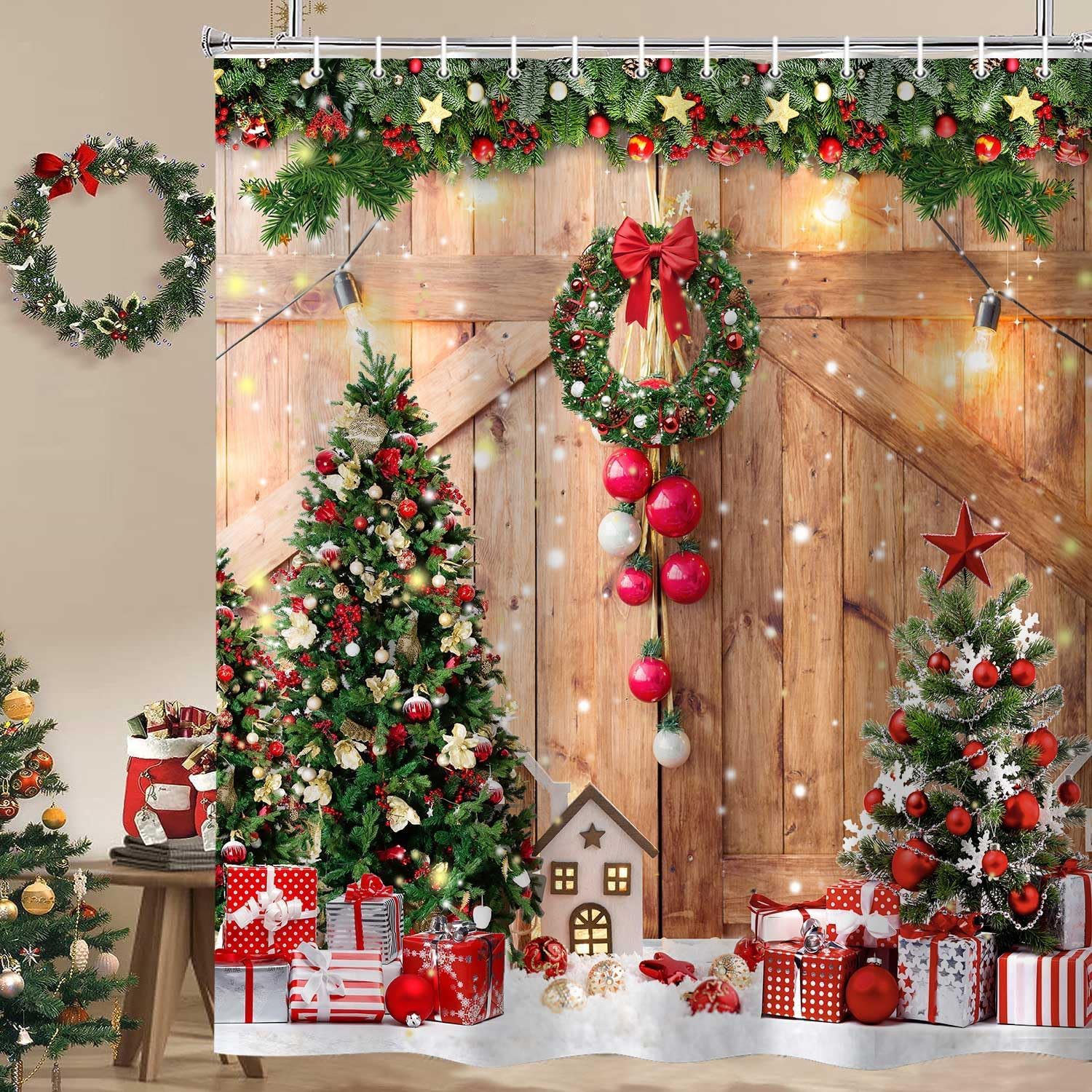 Farmhouse Christmas Shower Curtain for Bathroom, Winter Xmas Tree Home Decor Wooden Barn Door Fabric Bath Curtains, Country Vintage Snowflake,60X72in