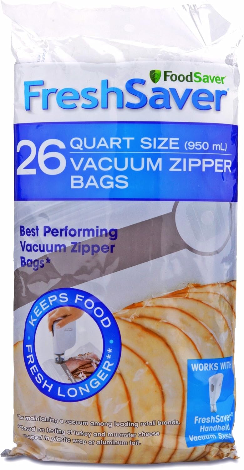 FoodSaver FSFRBZ0236-000R 1-Quart FreshSaver Vacuum Zipper Bags, 26 Count (Package might vary),Clear
