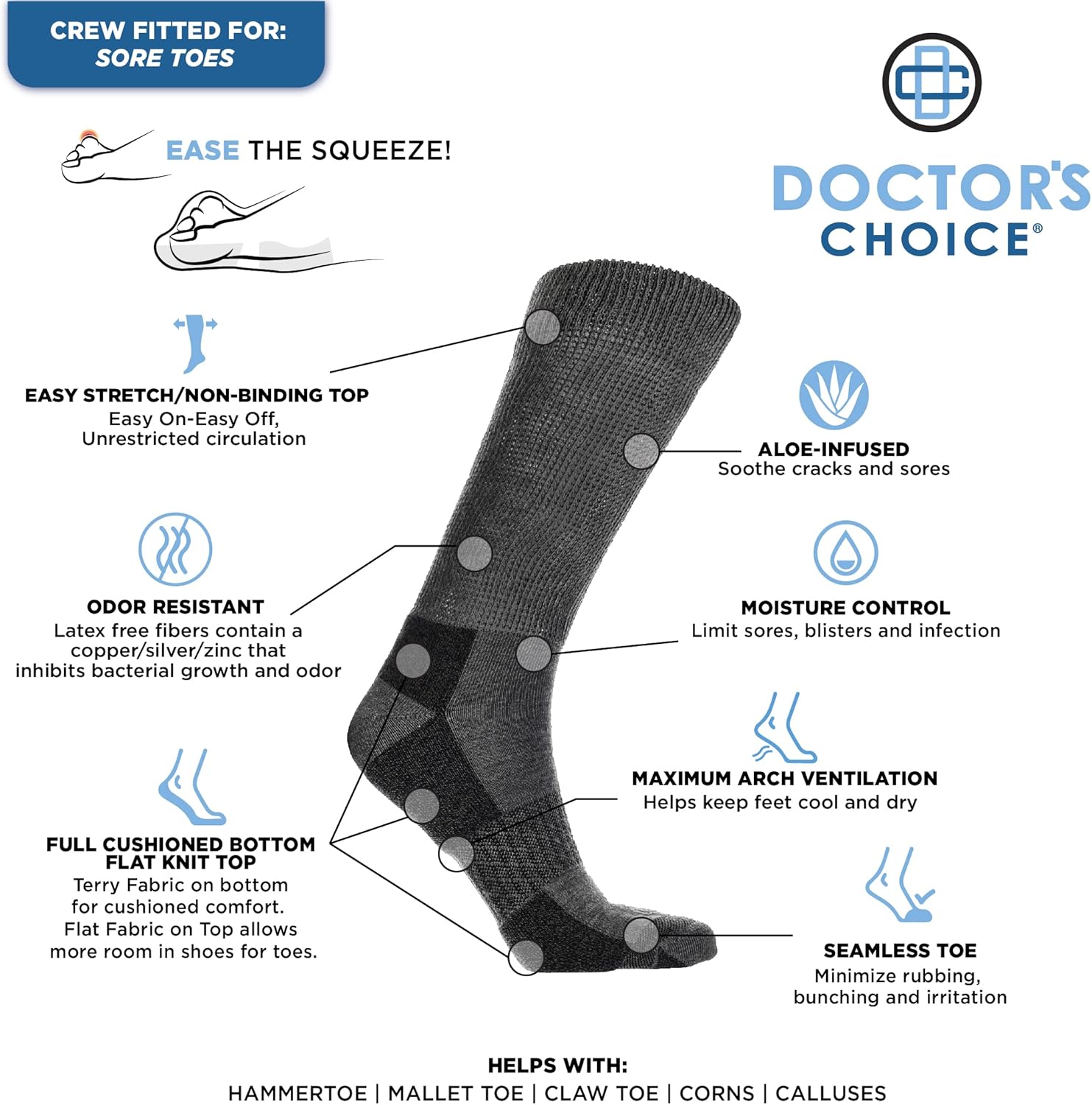 Doctor's Choice Diabetic Crew Socks, Men's, Non-Binding, Half-Cushioned, & Seamless Toe, 2 Pairs, White, X-Large (Mens Shoe Size: 12-15) : Health & Household