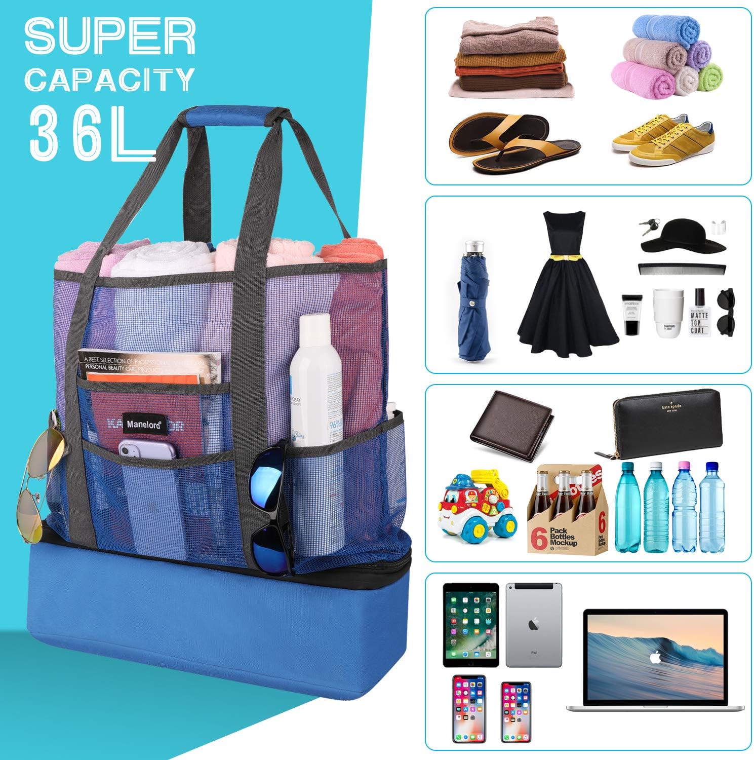 Mesh Beach Bag with Cooler,Ultra Durable Tote Bag for Beach,Shopping,Picnic