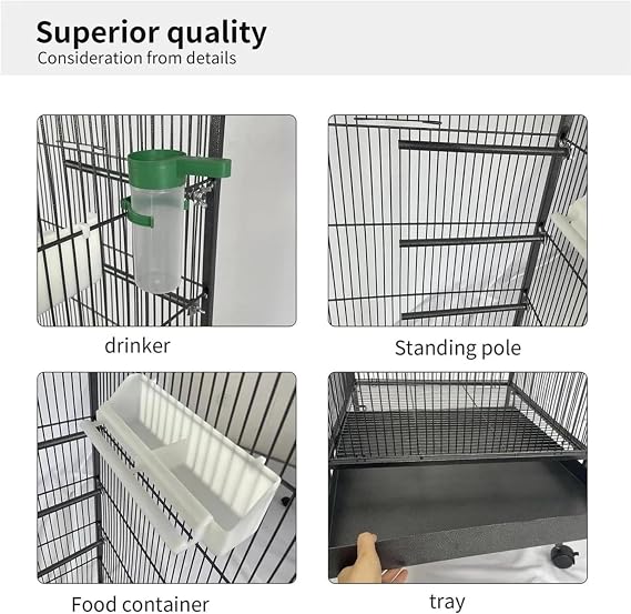 Large 53 Inch Bird Cage with Stand – Steel Rolling Flight Cage for Parrots, Cockatiels, Conures & Pigeons – Spacious Wrought Iron Aviary with Slide-Out Tray & Feeders (21 x 53 x 21 inch)