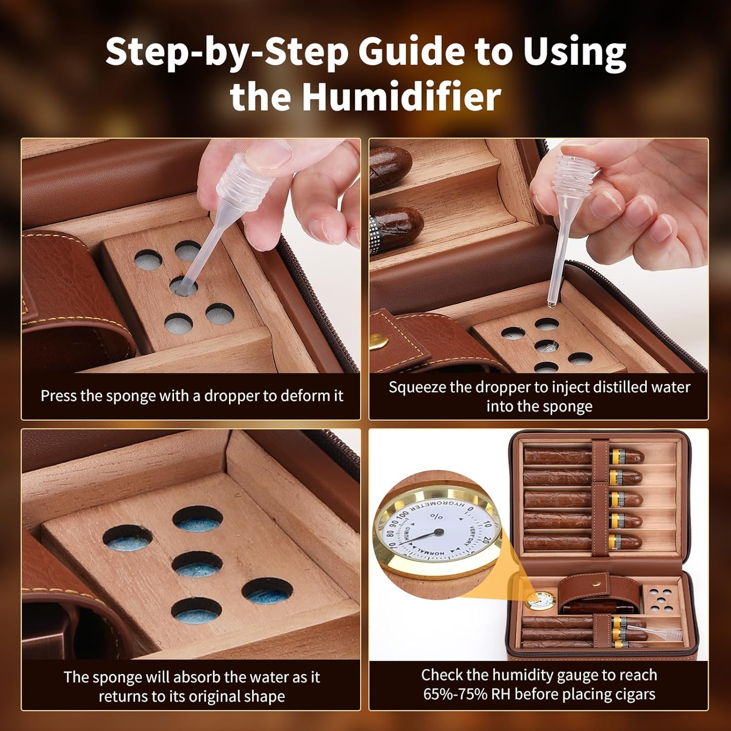 Travel Cigar Humidor Case, Cedar Wood Lined Leather Box w/ 3-in-1 Lighter-Built-in V Cutter/Holder, Humidifier, Hygrometer, Accessories Pocket, Portable 8 Cigars Storage, Gift for Men