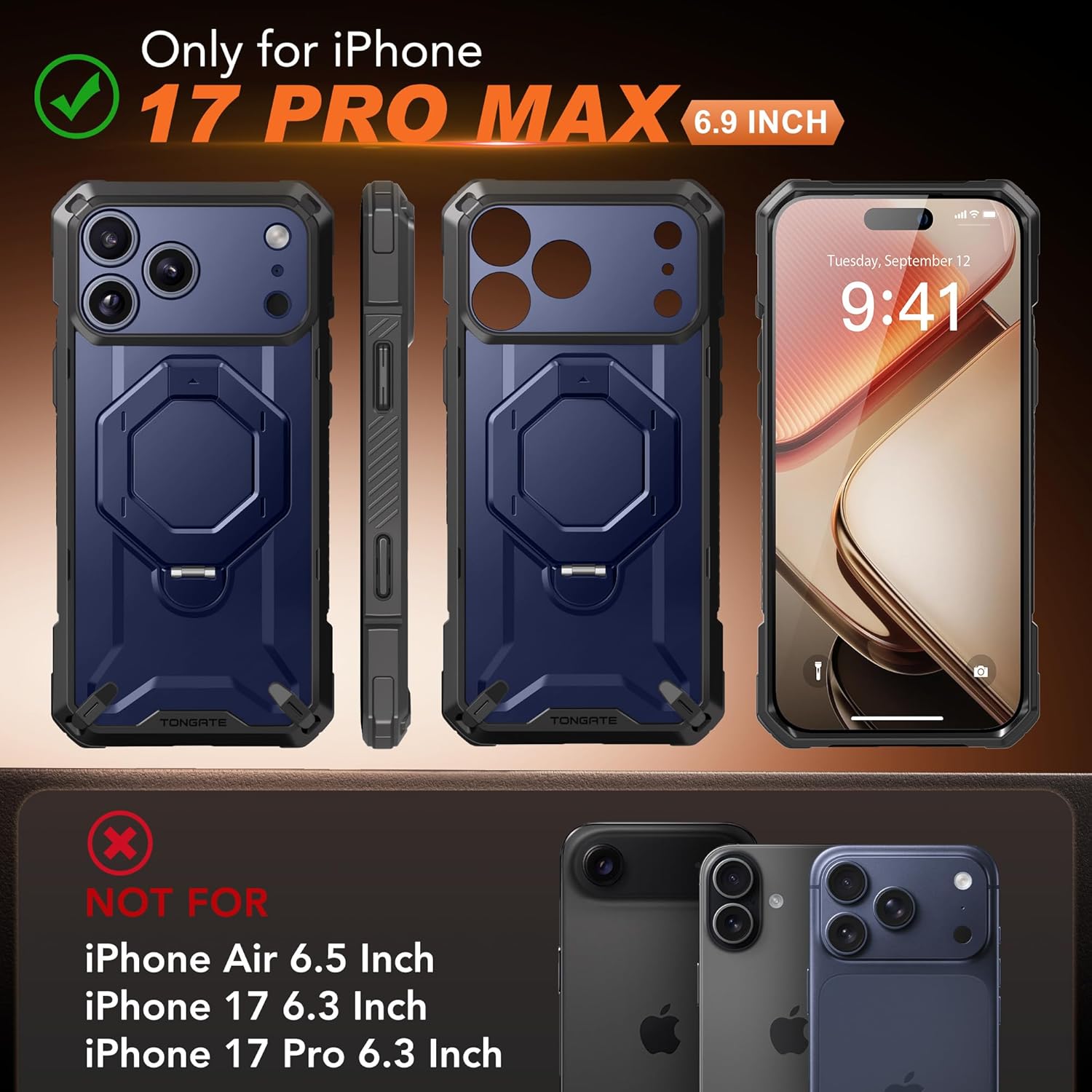 TONGATE for iPhone 17 Pro Max Case with 360° Spin Magnetic Stand, [Compatible with MagSafe][Military-Grade Protection] with Privacy Screen Protector & Camera Control Cover for iPhone 17 ProMax, Blue