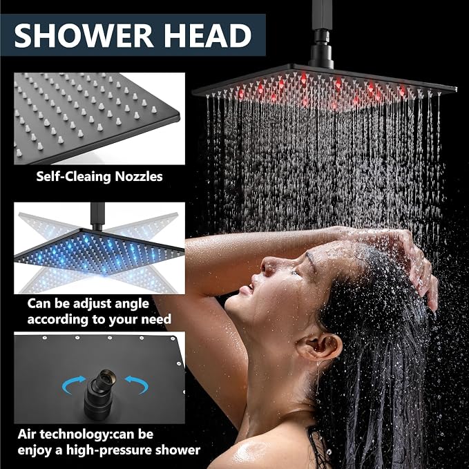 Juego de grifo para ducha de techo Aolemi con duchador manual y cabeza LED de lluvia de 12 pulgadas, acabado negro mate, sistema de techo completo, mezclador para baño miniatura 4