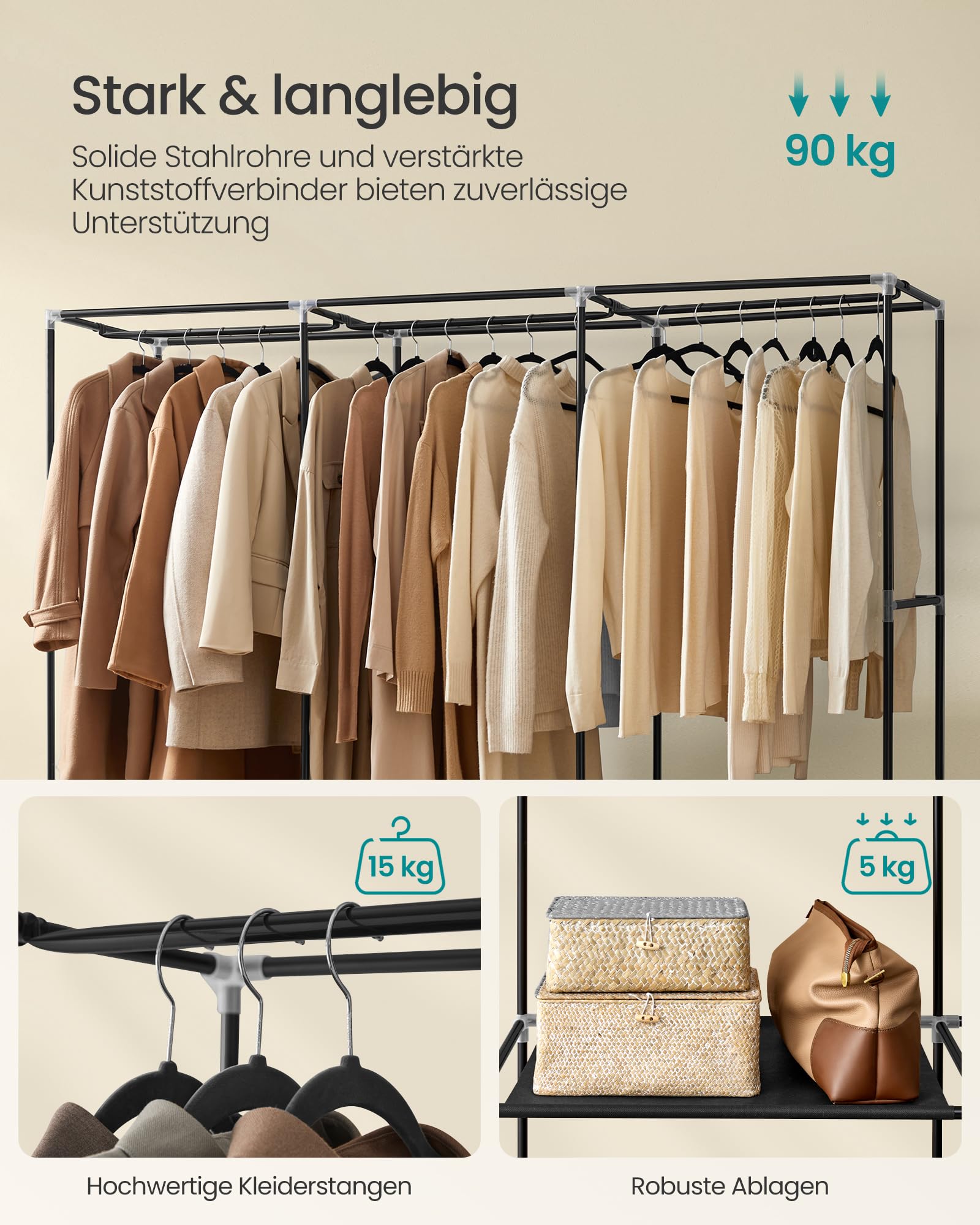 SONGMICS Stoffschrank, Kleiderschrank, 45 x 188 x 176 cm, 3 Hängefächer, mit Ablagen, 4 Seitentaschen, viel Platz, für Schlafzimmer, Wohnzimmer, schwarz RYG009B01