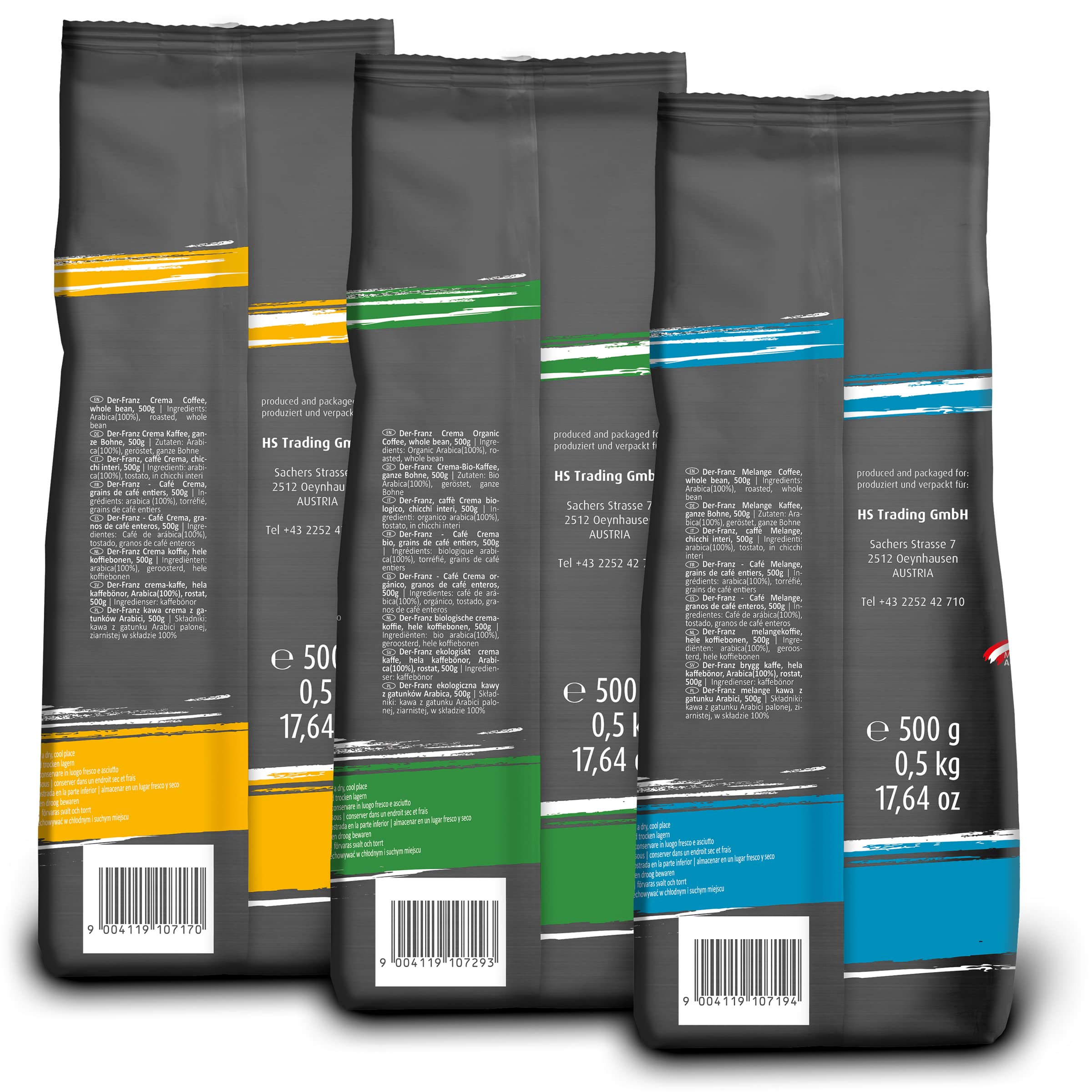 Der-Franz Kawa Mielona, Zestaw 3 x 500 g, (Crema, Melange, Crema Organiczna)