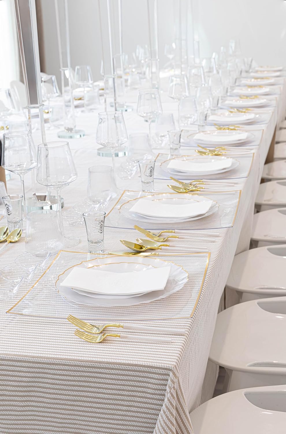 PLASTICPRO 48 Piece Aristocratic Combo Plastic Dinner Plates Disposable Plastic Fancy Heavy Duty Party Dishes 24, 7'' inch and 24, 10'' inch, Pearl White With Gold Rim