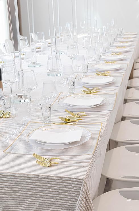 PLASTICPRO 24 Piece Aristocratic Combo Plastic Dinner Plates Disposable Plastic Fancy Heavy Duty Party Dishes 12, 7'' inch and 12, 10'' inch, Pearl White With Gold Rim