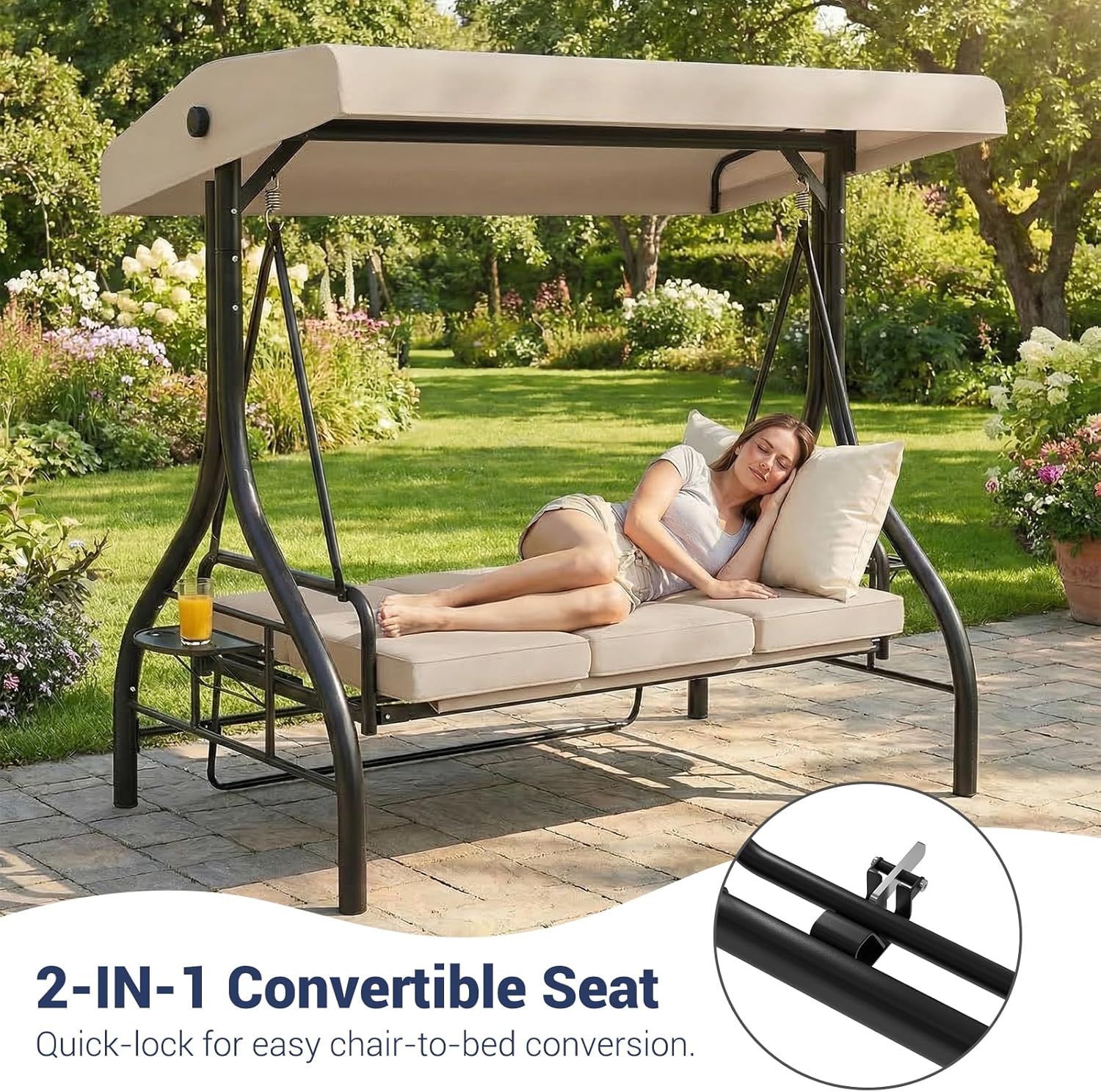 3-Seat Outdoor Porch Swing with Adjustable Canopy, Convertible Patio Swing Bed with Stand, Thick Cushions & Cup Holders, Weather-Resistant for Backyard, Garden, Porch - Beige