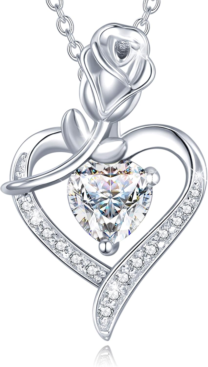 FANCIME 925 Sterling Silver April Birthstone Necklace Rose Heart Pendant Cubic Zirconia Necklace with Fine Jewellery Box Christmas Birthday Valentine's Day Mother's Day Present for Women Mother