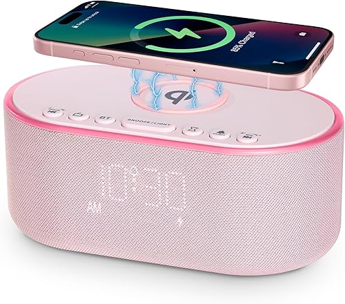 Miniatura 9 de Reloj despertador con radio de carga inalámbrica: Cargador inalámbrico rápido certificado Qi para iPhone Samsung - Altavoz Bluetooth estéreo de 10W