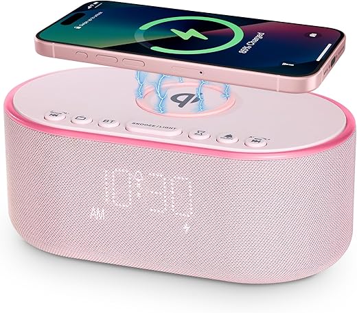 Odokee Wireless Charging Alarm Clock Radio: Qi Certified Fast Wireless Charger for iPhone Samsung - 10W Stereo Bluetooth Speaker - Dimmable Digital Clock with FM Radio for Bedroom Pink