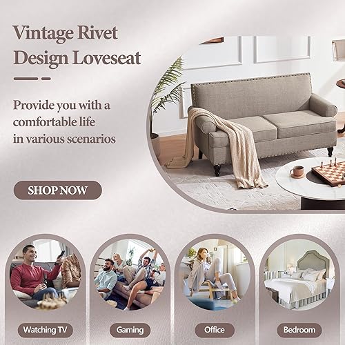 Miniatura 7 de HUIMO Sofá biplaza de 62 pulgadas, sofás modernos de mediados de siglo para sala de estar, muebles tapizados con remaches resistentes para espacios