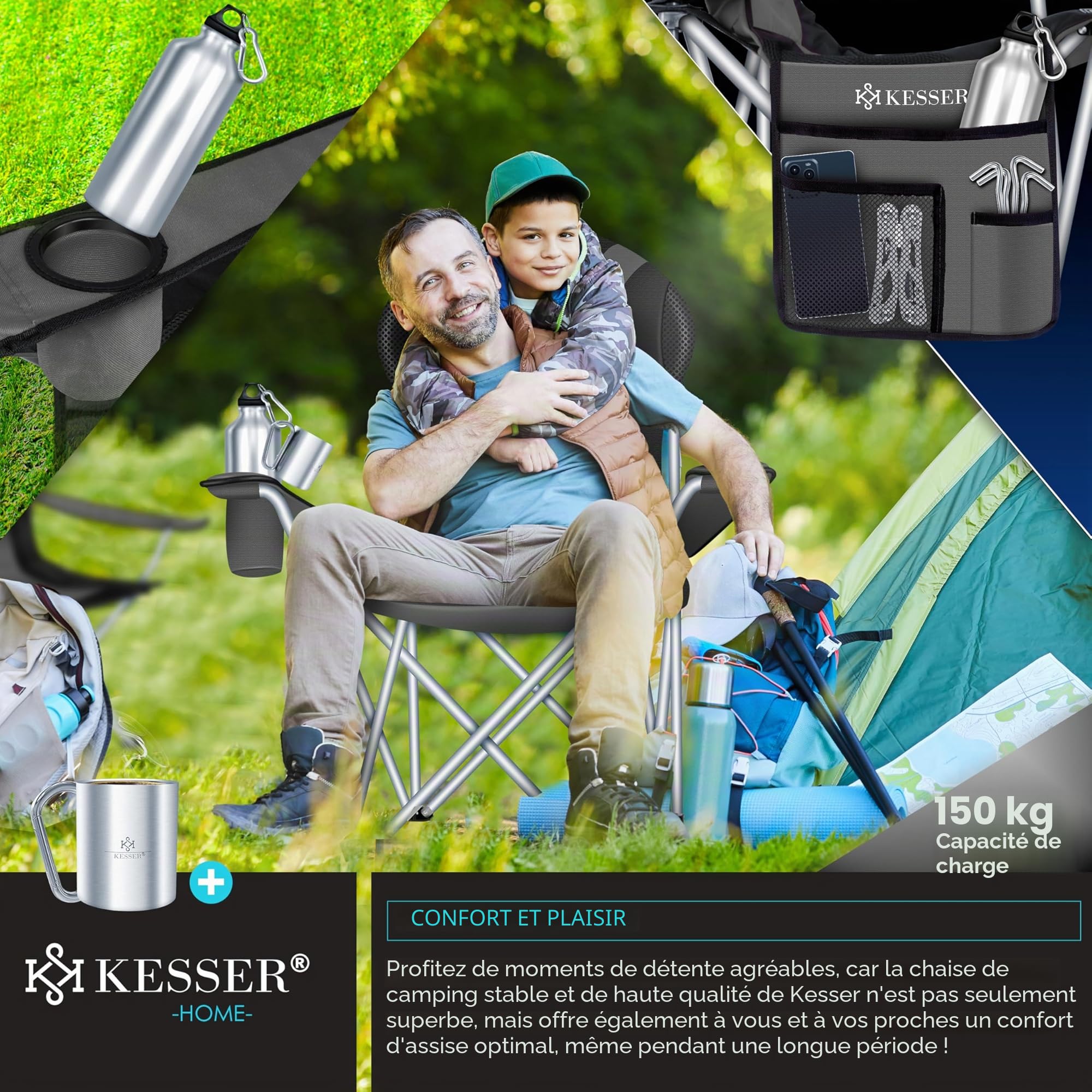 KESSER® Chaise de camping jusqu'à 150 kg, de pêche, pliable, rembourrée avec accoudoirs et dossier haut, lumière de camping et porte-gobelets + sac, pliable, anthracite/noir