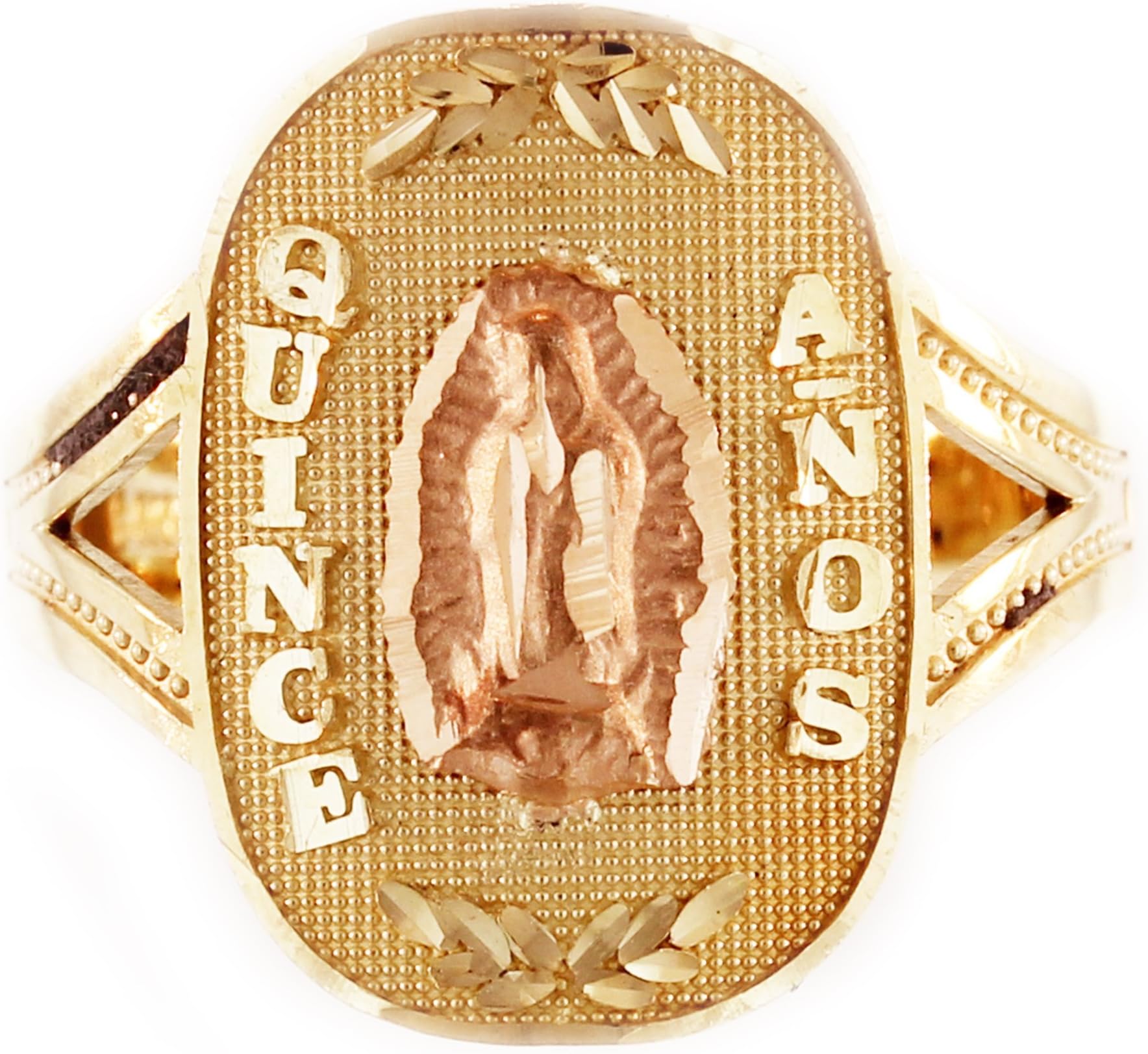 14K Yellow Quinceanera Ring with Virgin Mary Rose Tone Design