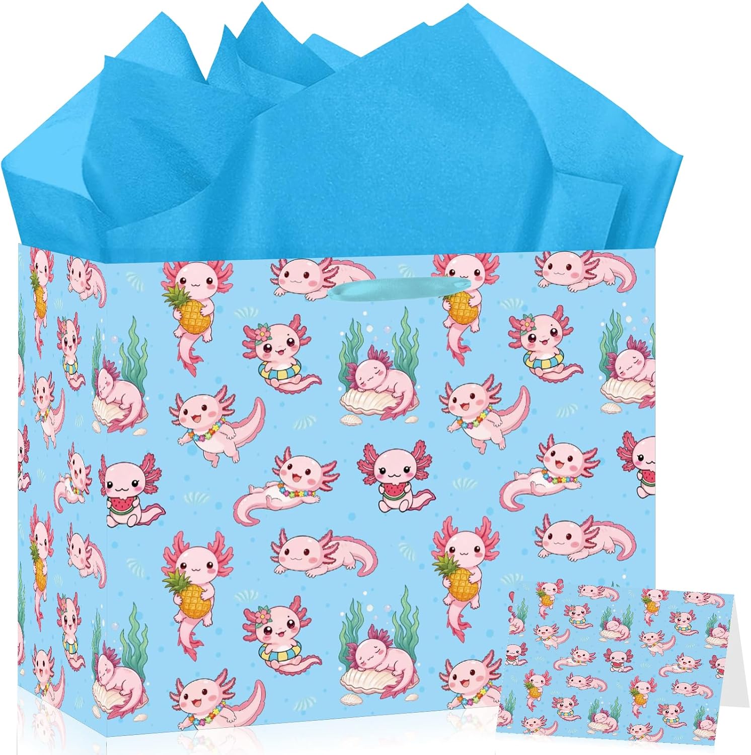 Axolotl Gift Bag Blue Axolotl Birthday Gift Wrapping Paper Bag Large with Blue Tissue Paper Greeting Card Cute Pink Axolotl Party Favors for Kids Girls Boys Underwater Party Decorations Supplies