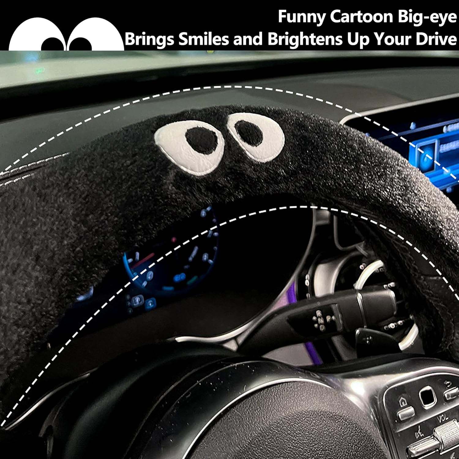 Car Headrest Pillow & Steering Wheel Cover Set with Cute Big-Eyed Furball Travel Neck Support Pillow Fur Car Interior Accessory (Black 5Pcs Set)